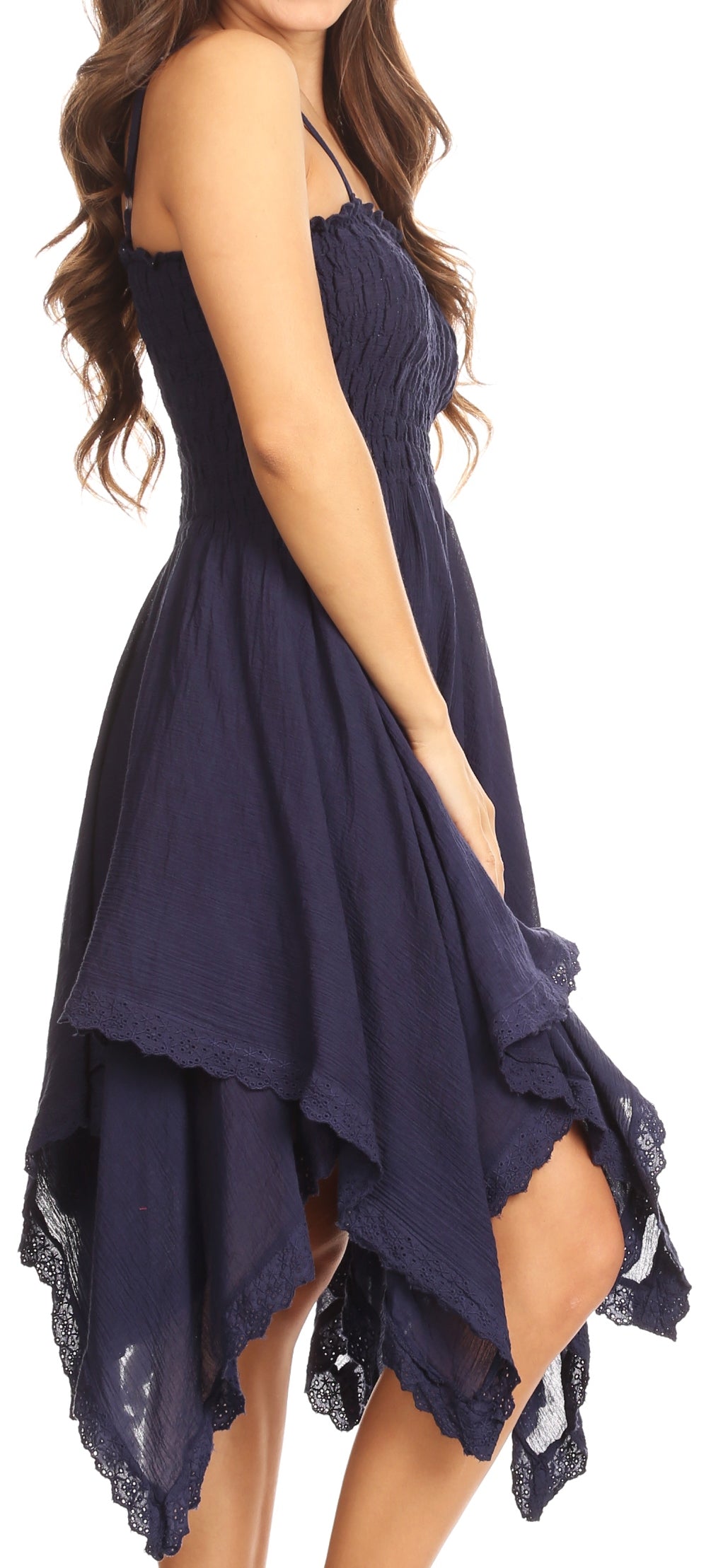 Navy blue dress with lace details on a white background
