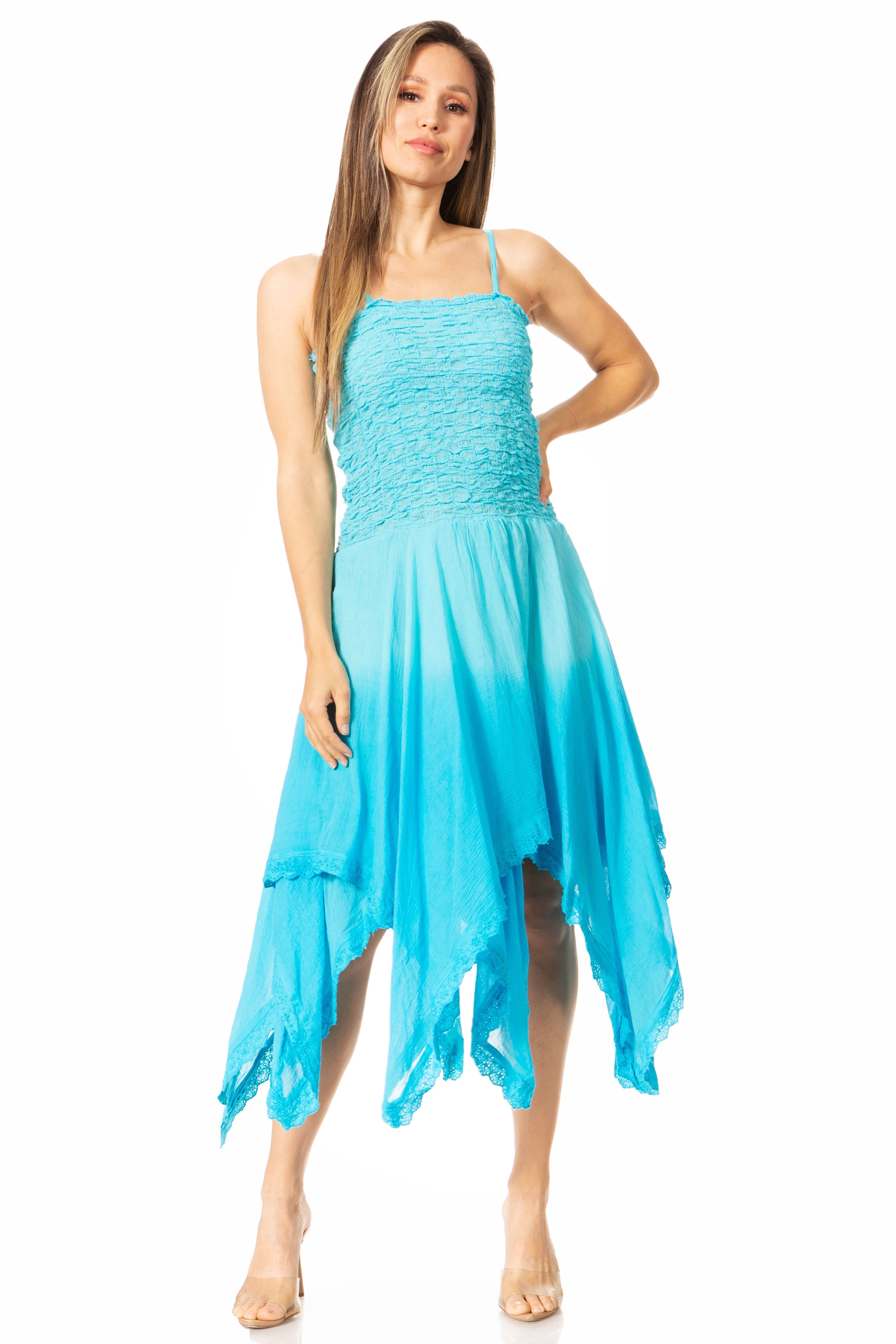 Woman wearing a blue dress on a white background