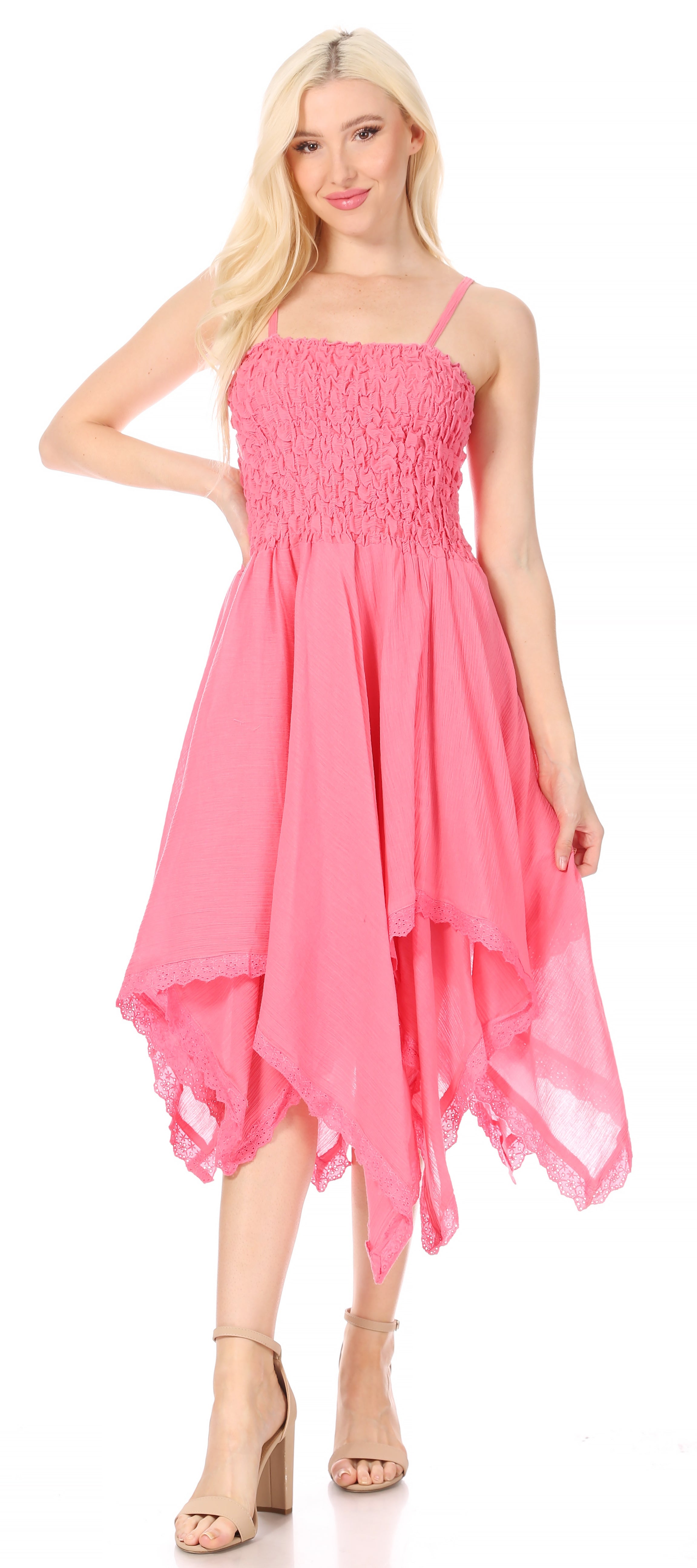 Woman wearing a pink dress on a white background