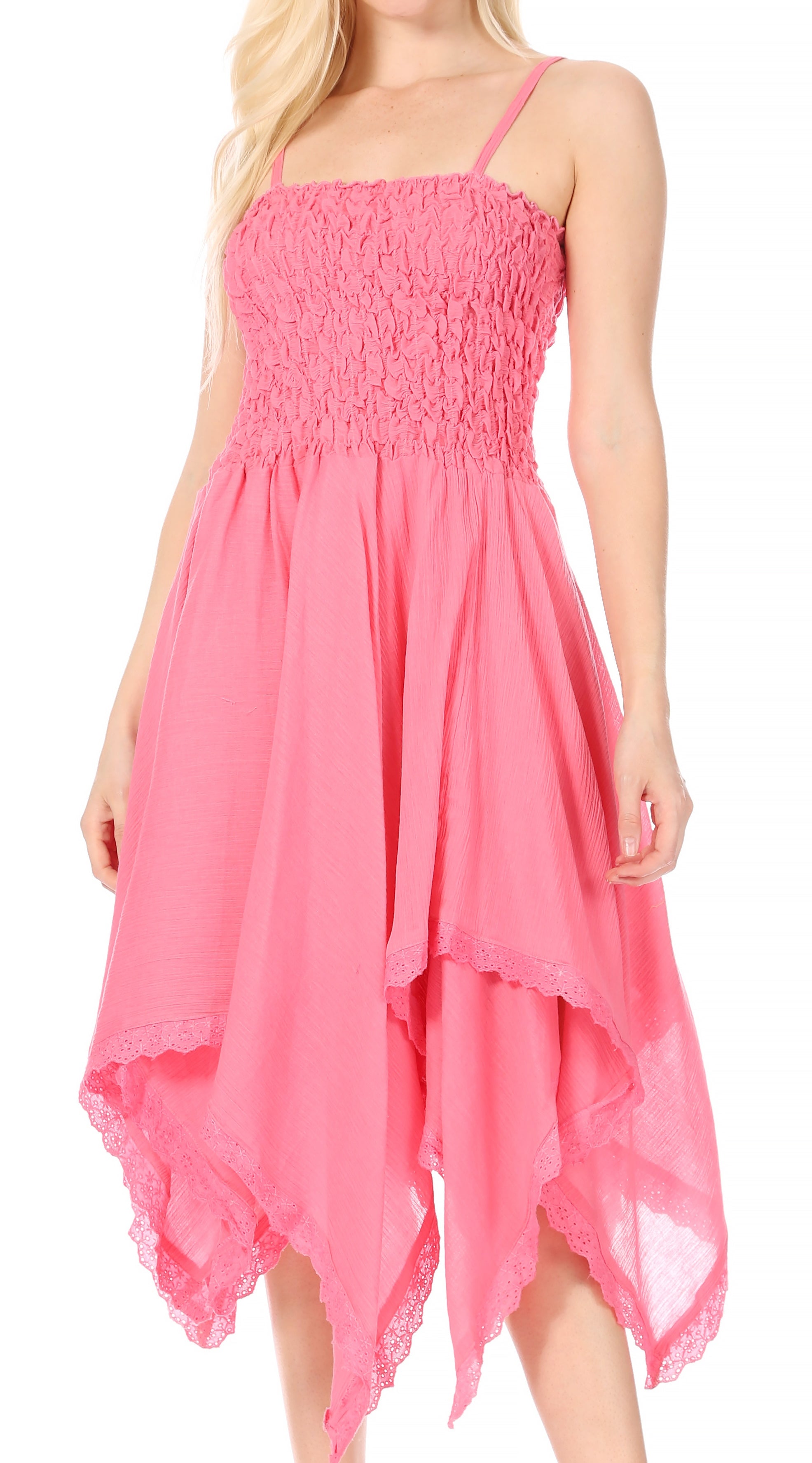 Pink dress with smocked bodice and layered skirt on a white background