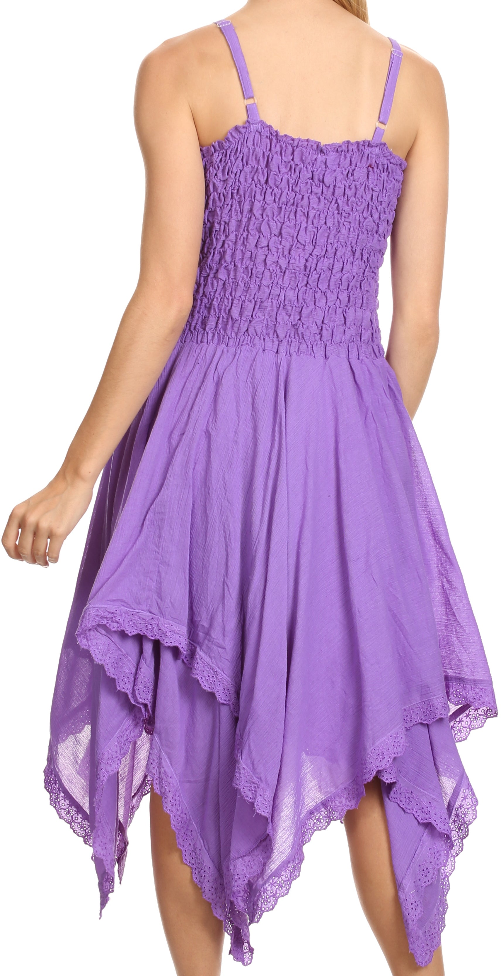 Purple dress with smocked bodice and layered skirt on a white background