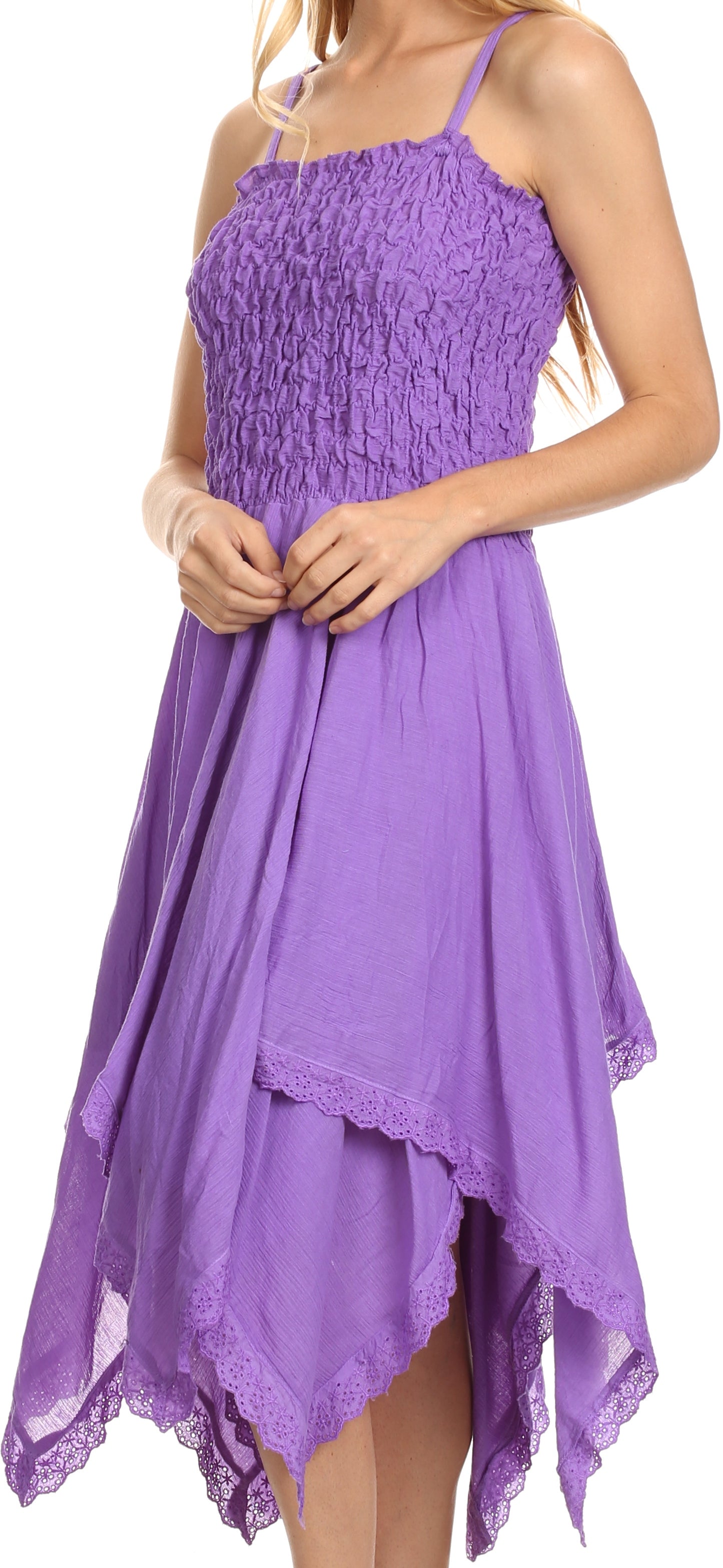 Purple dress with lace details on a white background
