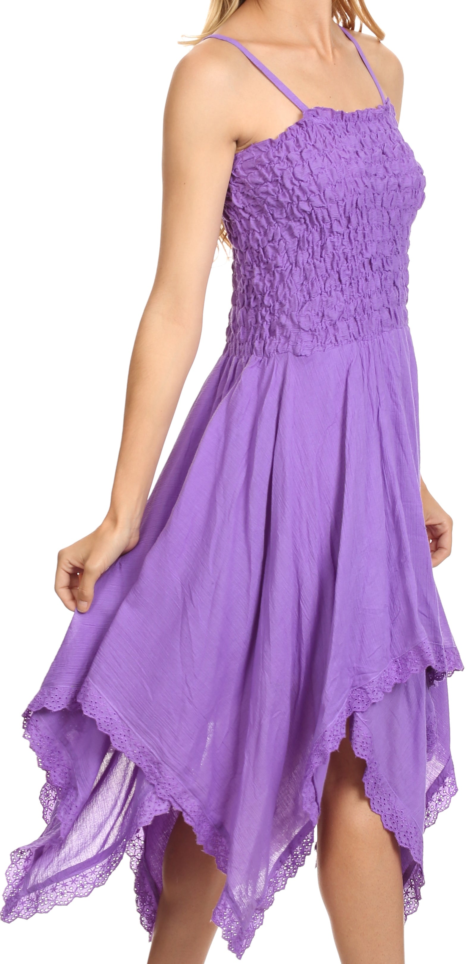 Purple dress with lace hem on a white background
