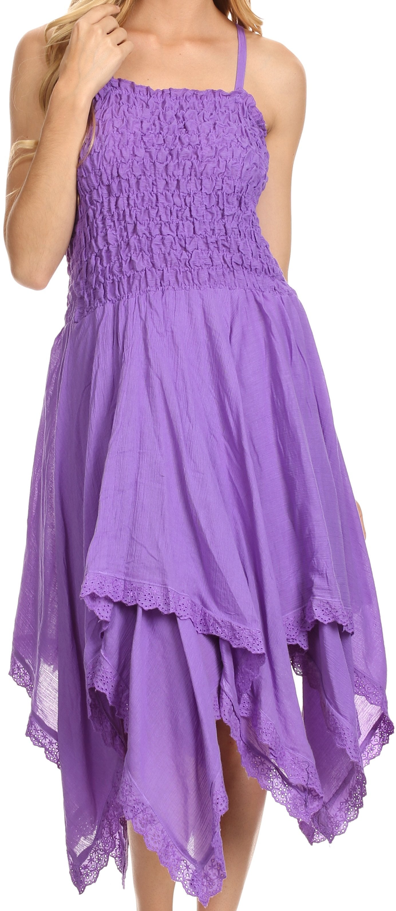 Purple dress with a smocked bodice and layered skirt on a white background