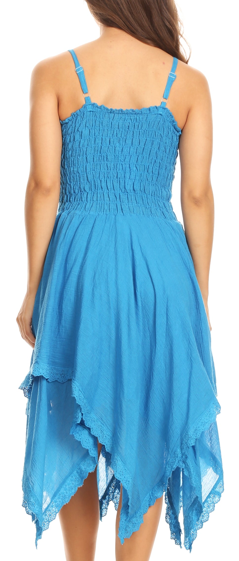 Blue dress with a smocked bodice and lace trim on a plain background
