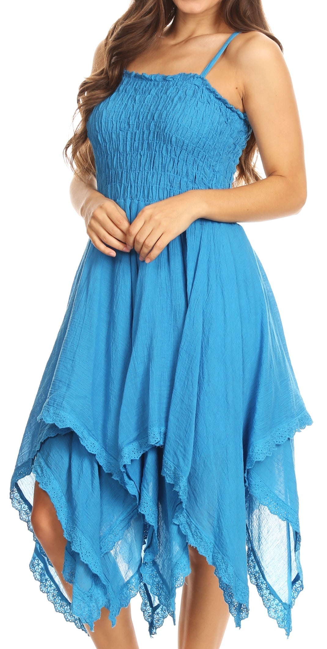 Blue dress with lace details on a model