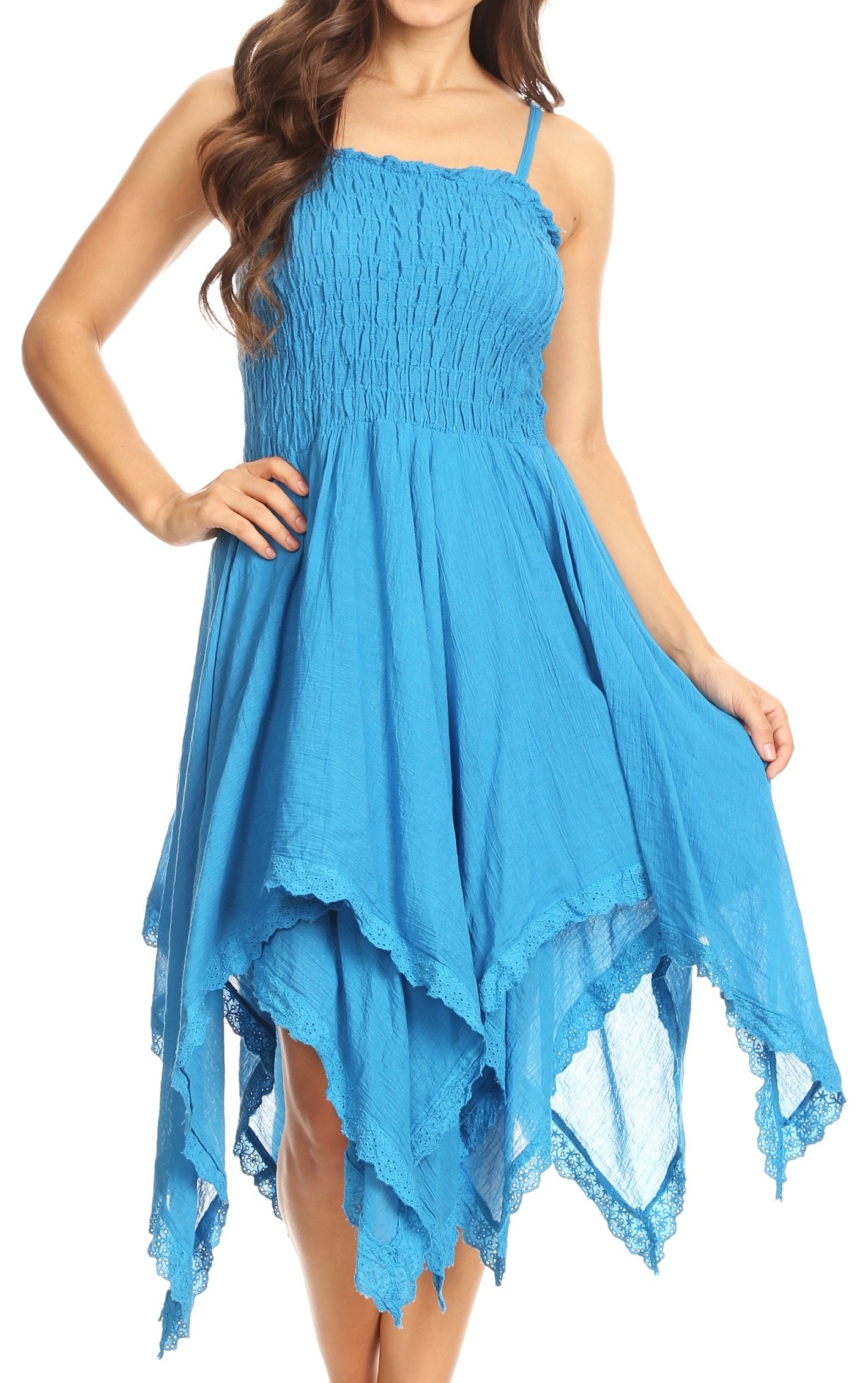 Blue dress with lace hem on a white background