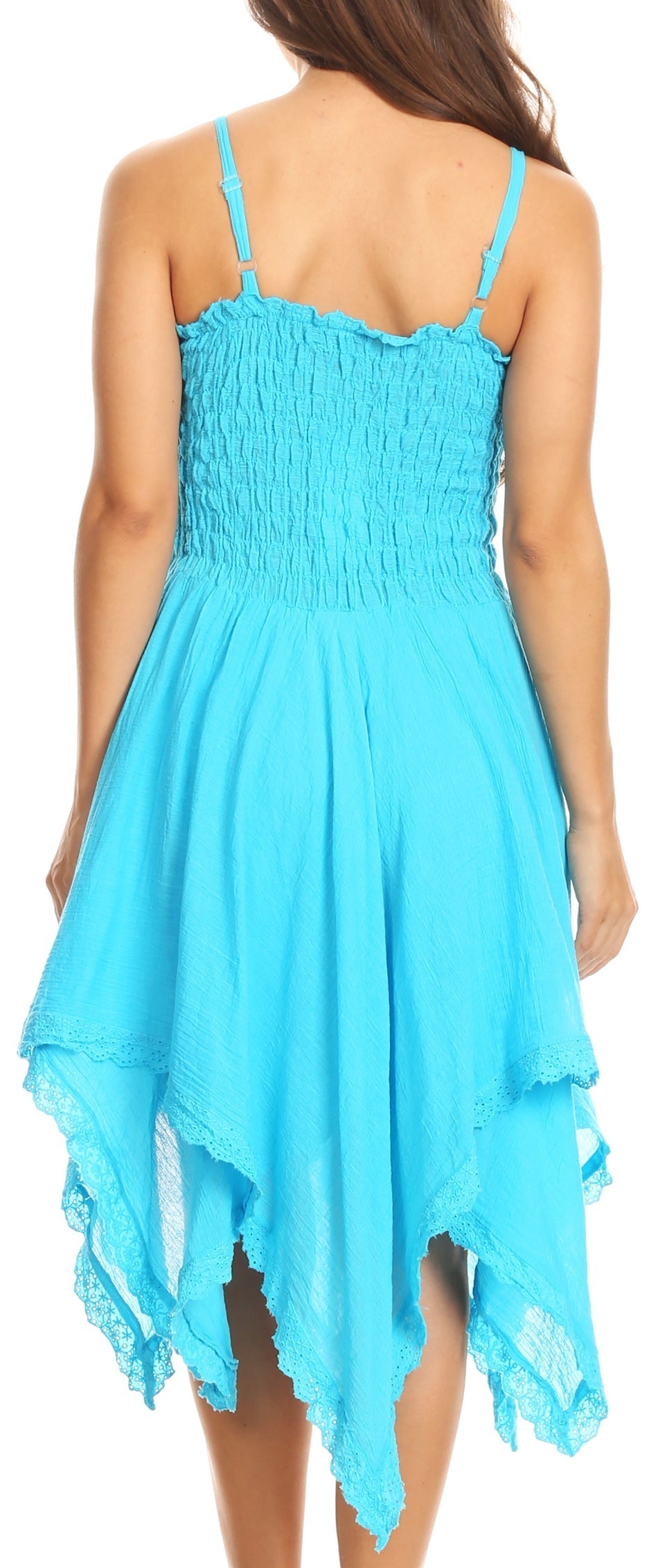 Turquoise dress with lace hem on a white background