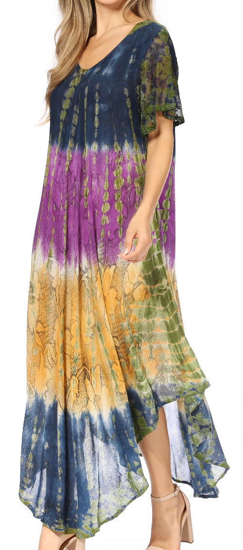 Tie-dye dress with gradient colors from blue to purple to yellow on a white background