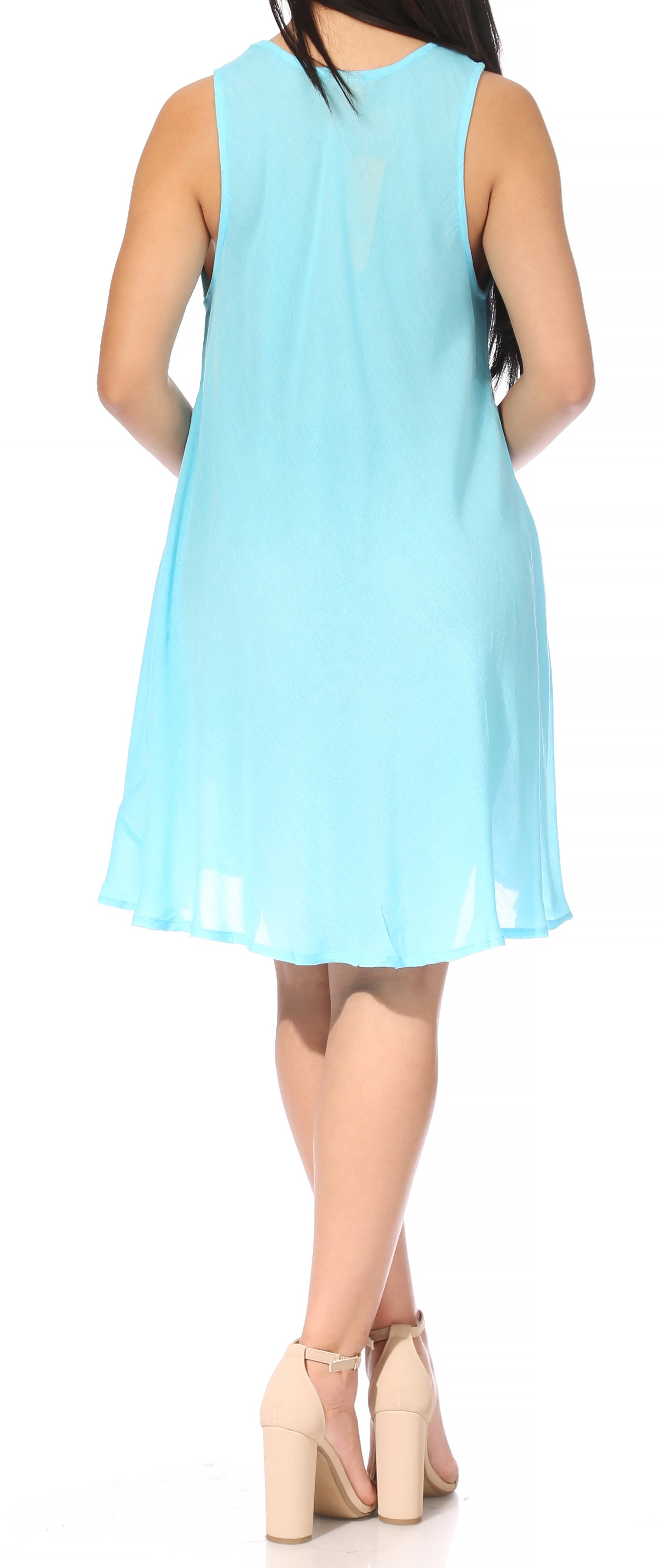 Light blue sleeveless dress worn by a model on a white background