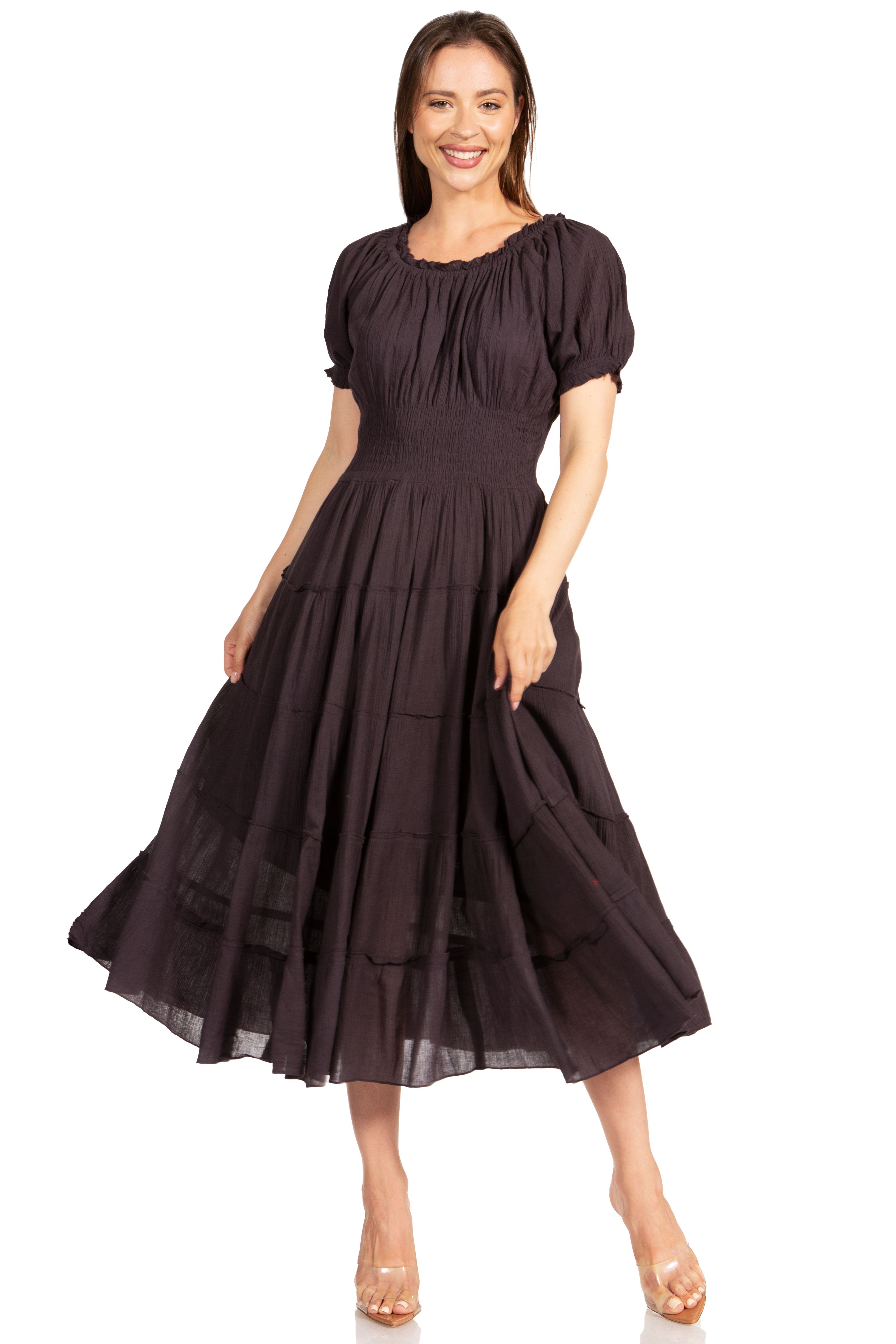Woman wearing a dark brown dress on a white background