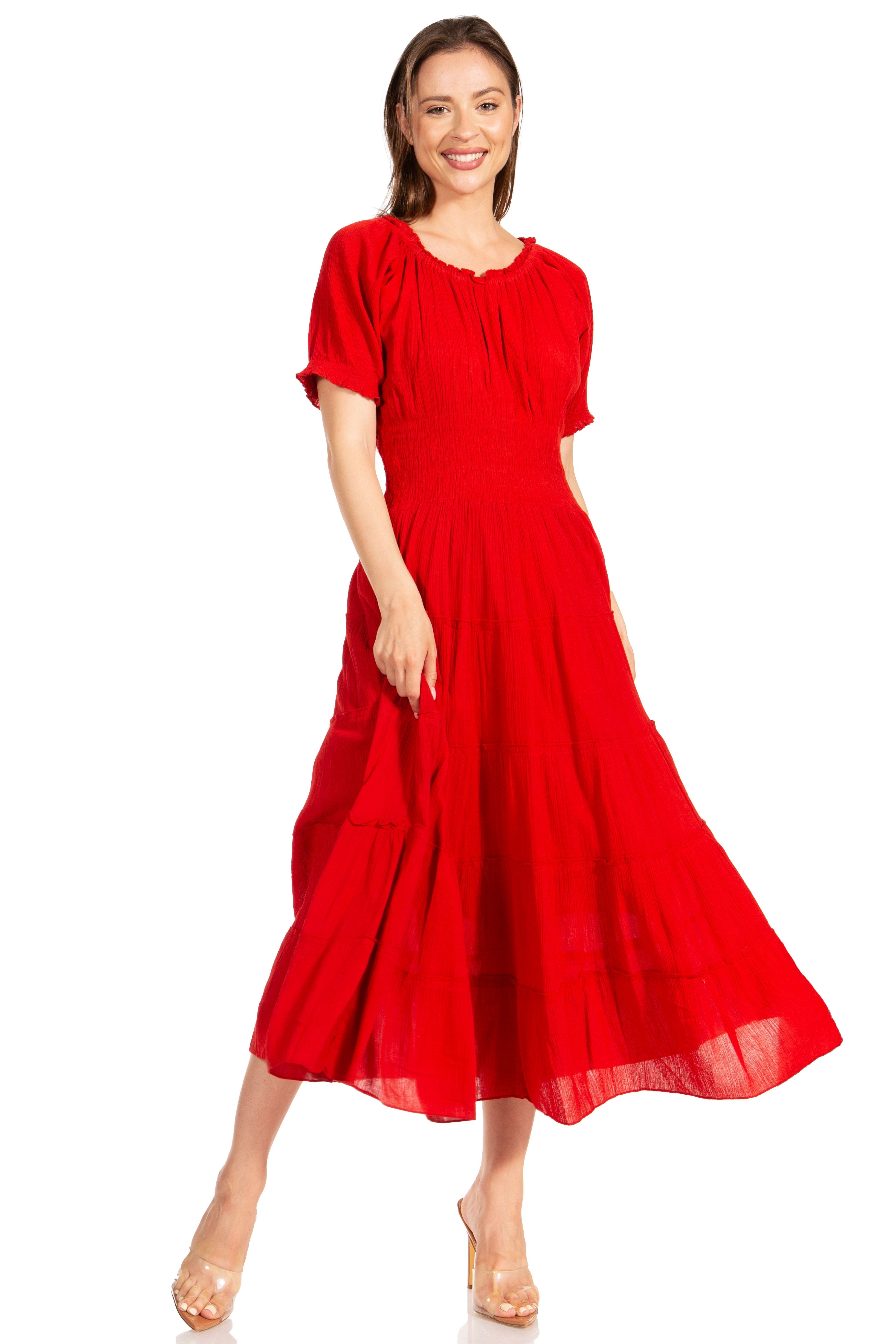 Woman wearing a red dress on a white background