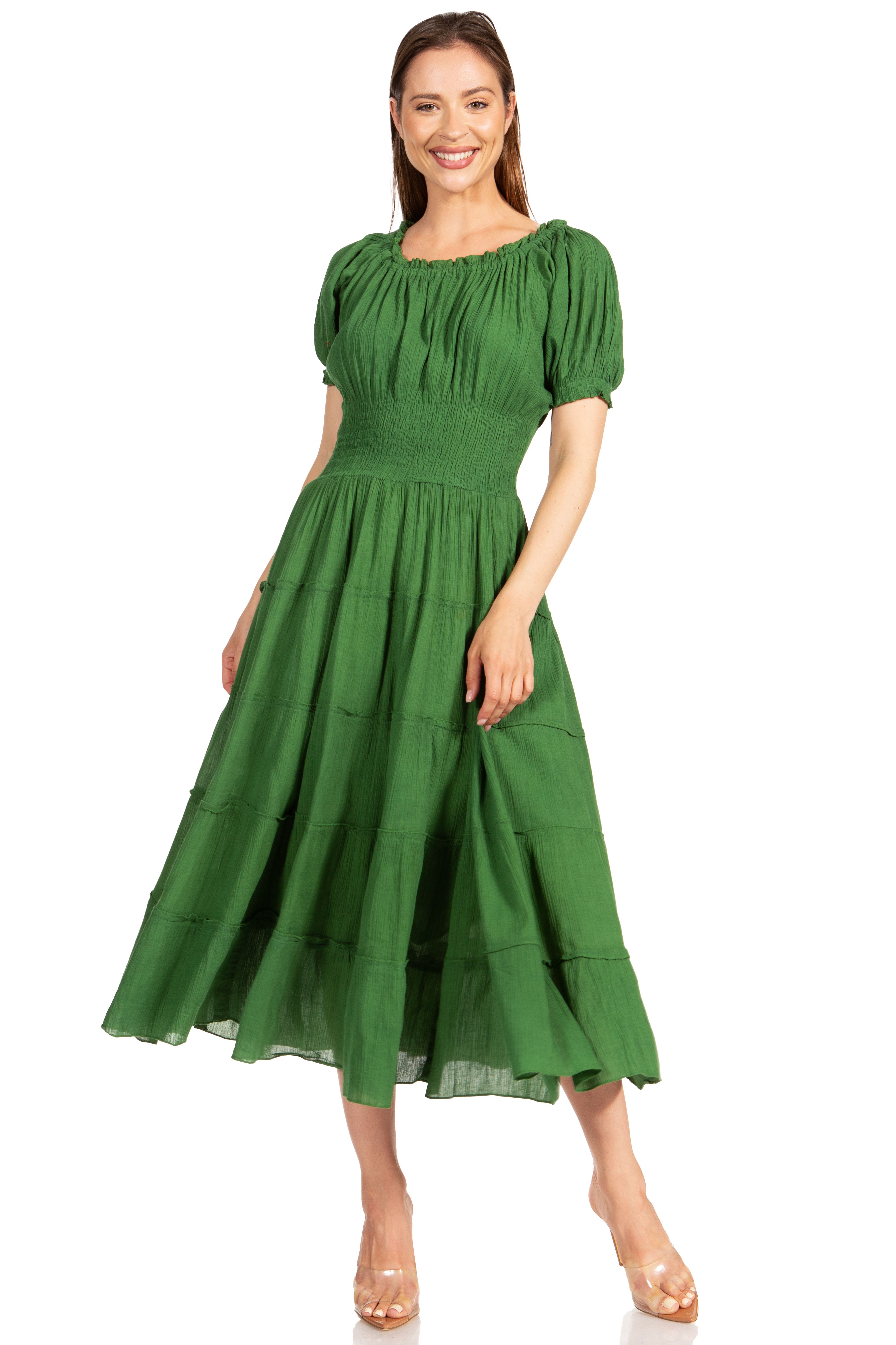 Woman wearing a green dress on a white background