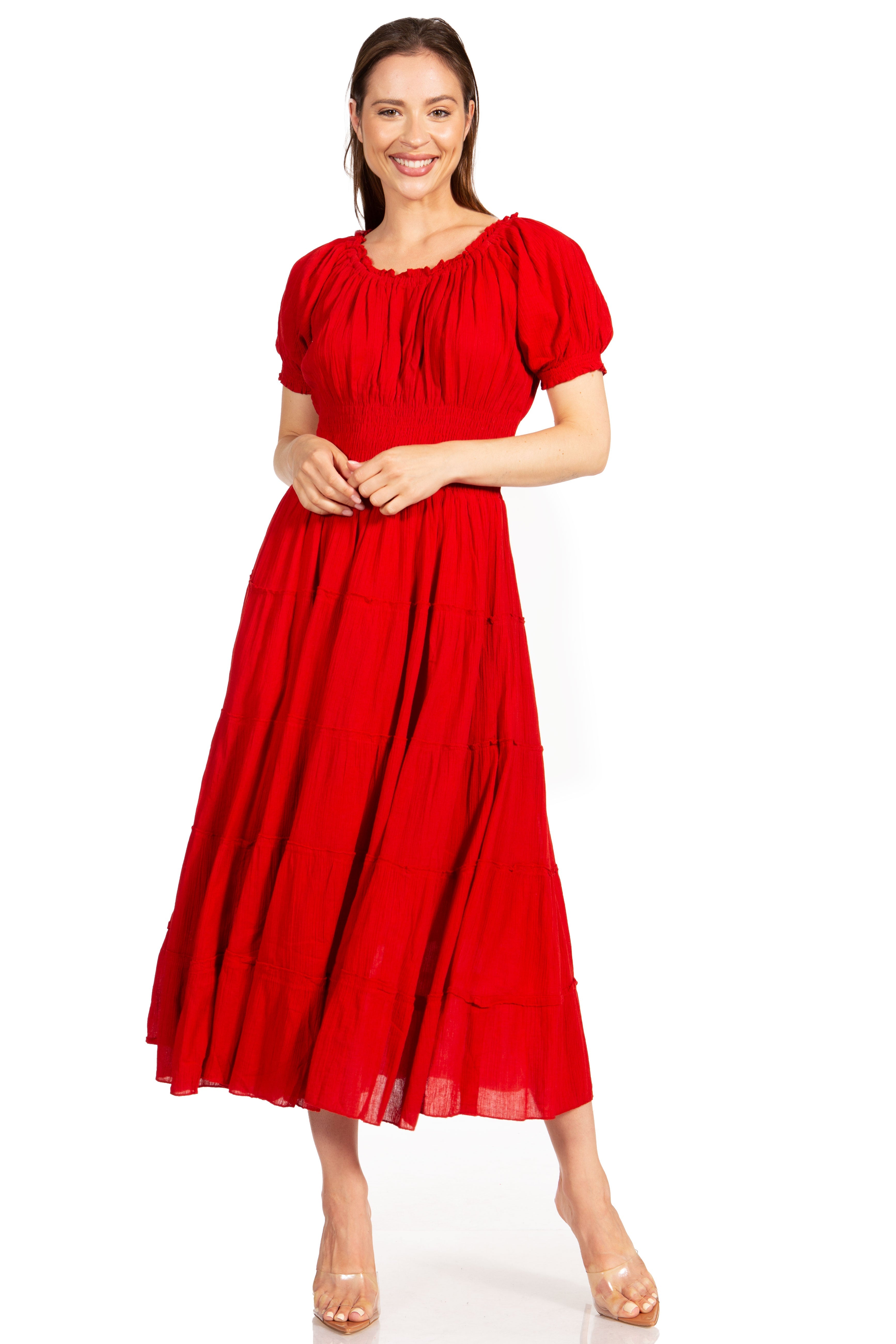 Woman wearing a red dress on a white background
