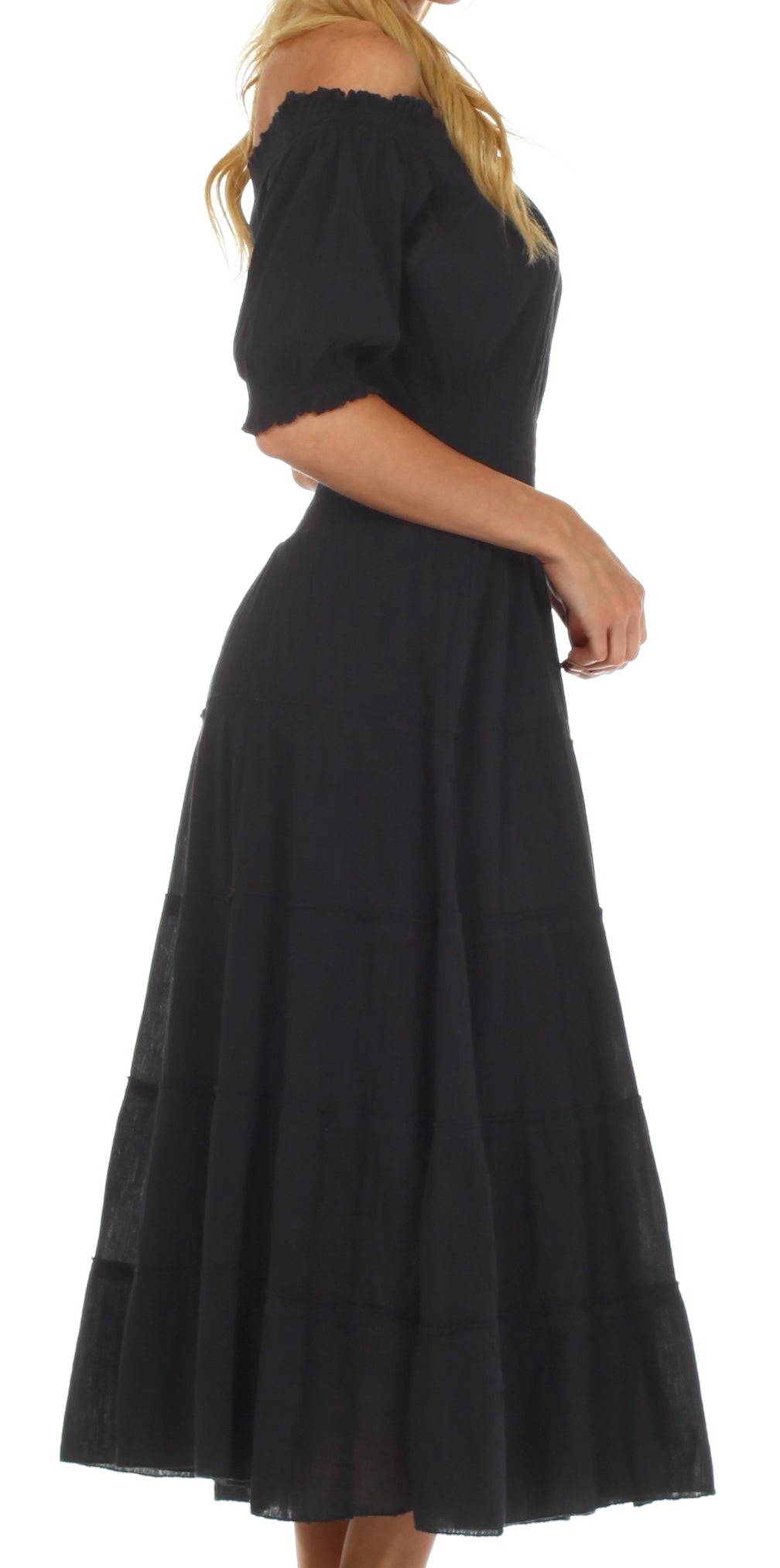 Black off-shoulder dress with short sleeves on a white background