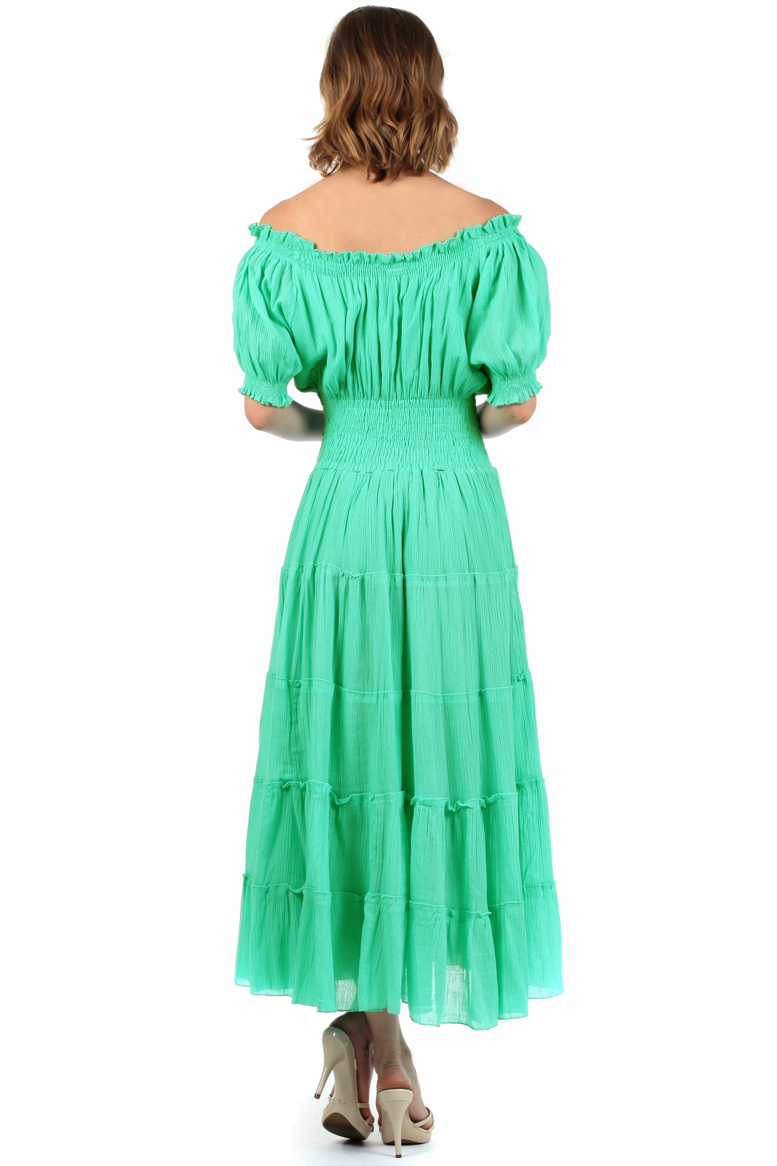 Green off-shoulder dress with puffed sleeves on a white background