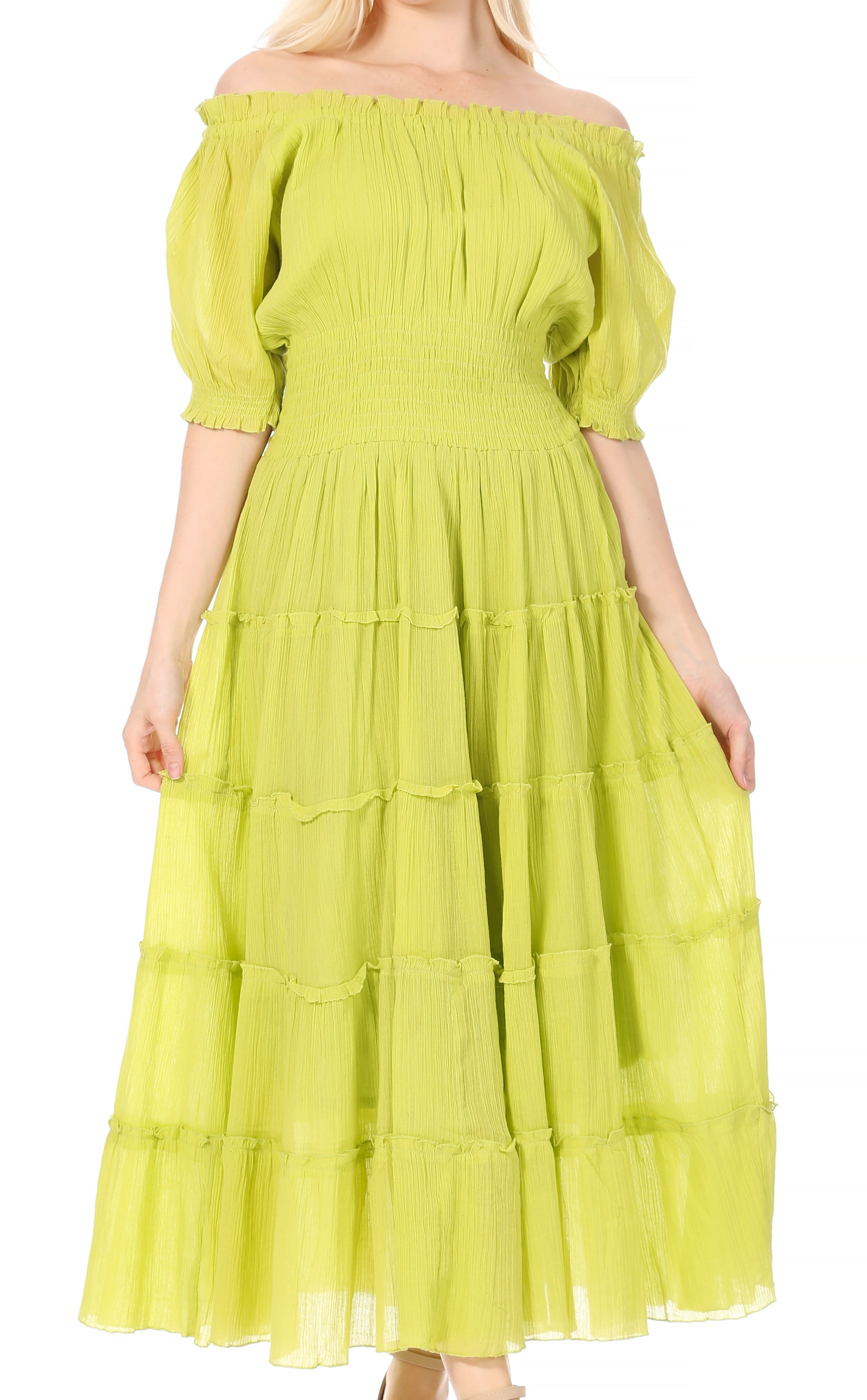Lime green off-shoulder dress with tiered layers on a white background