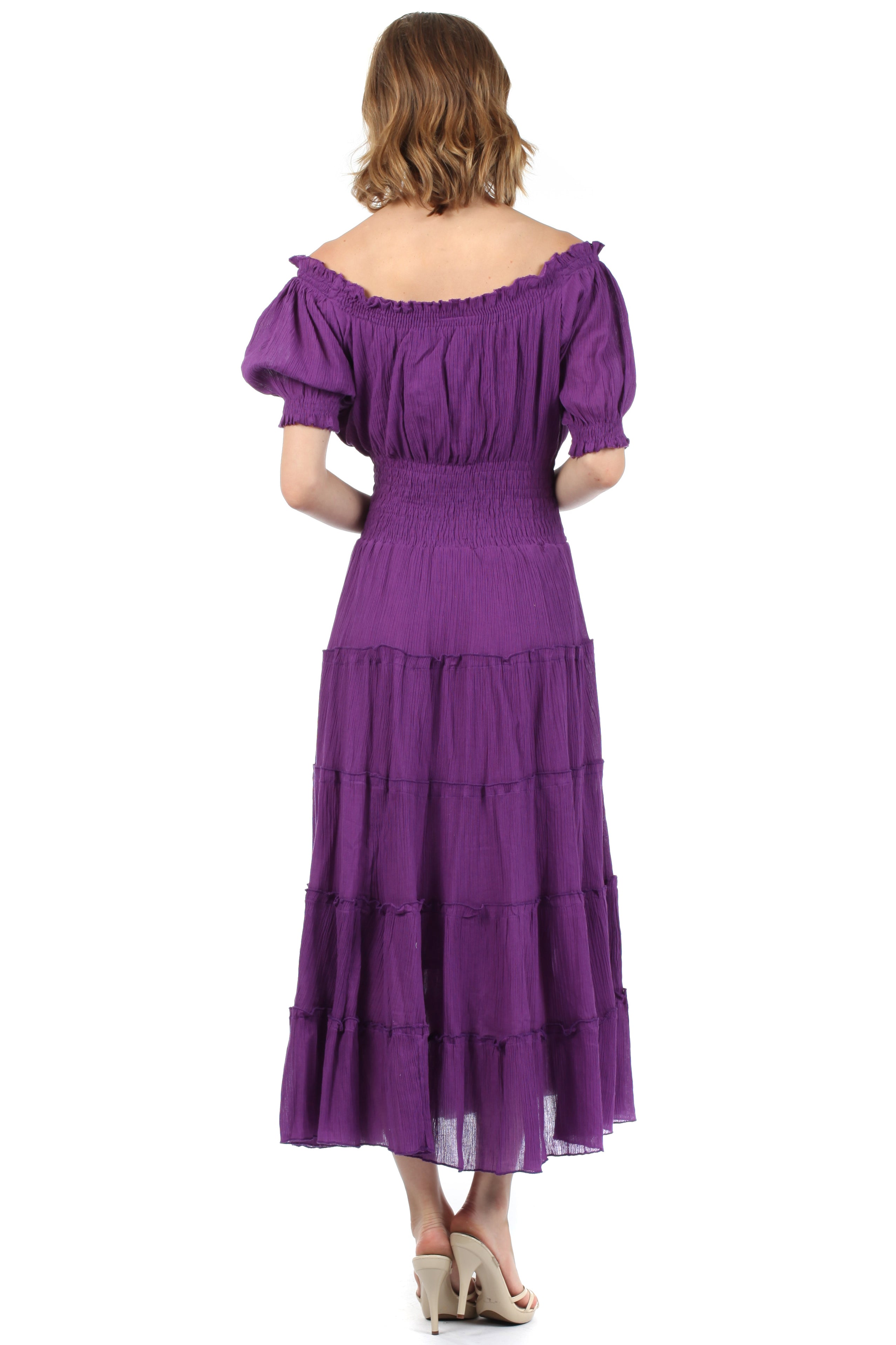 Purple off-shoulder dress with ruffled sleeves and tiered skirt on a white background