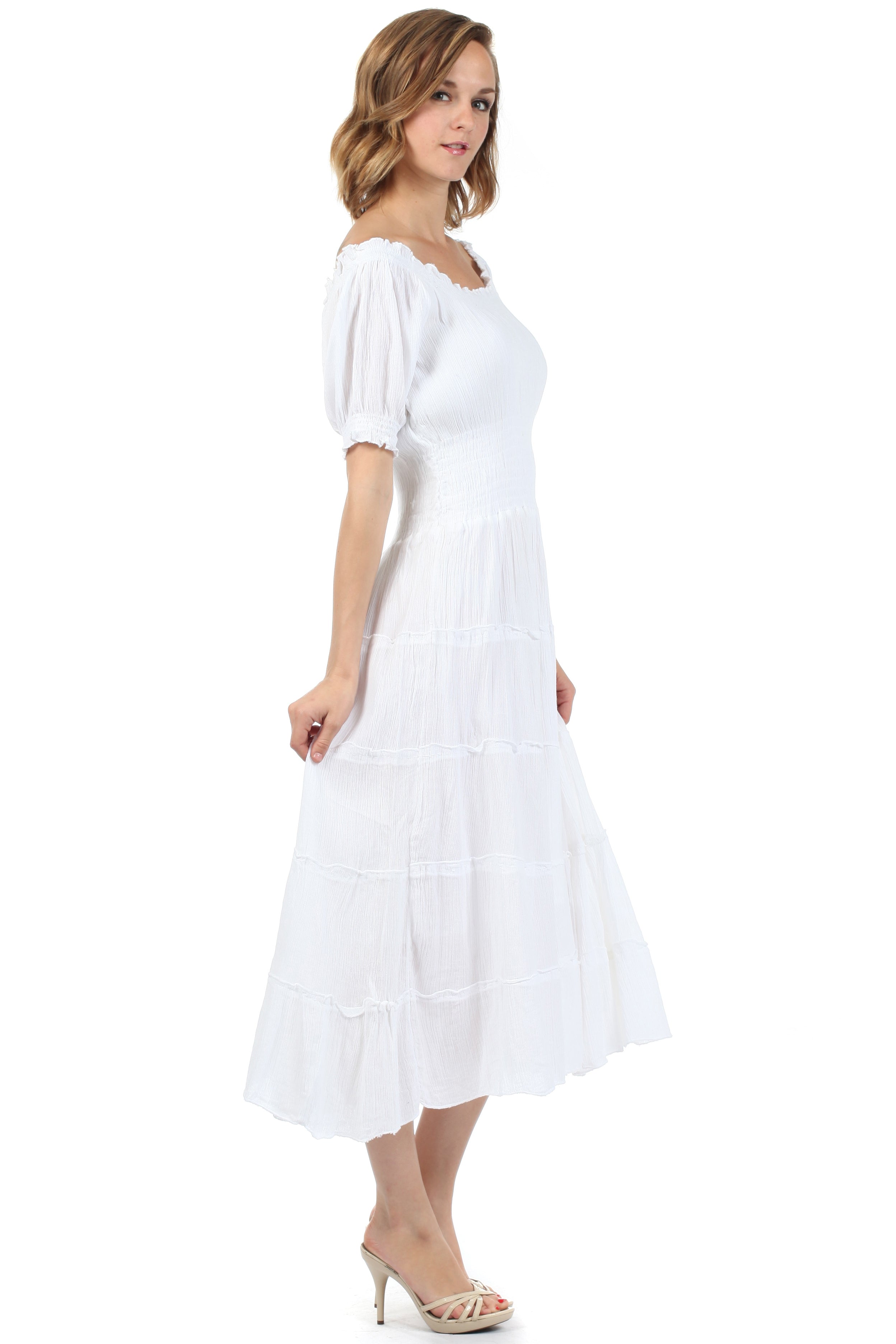 Woman wearing a white dress on a white background