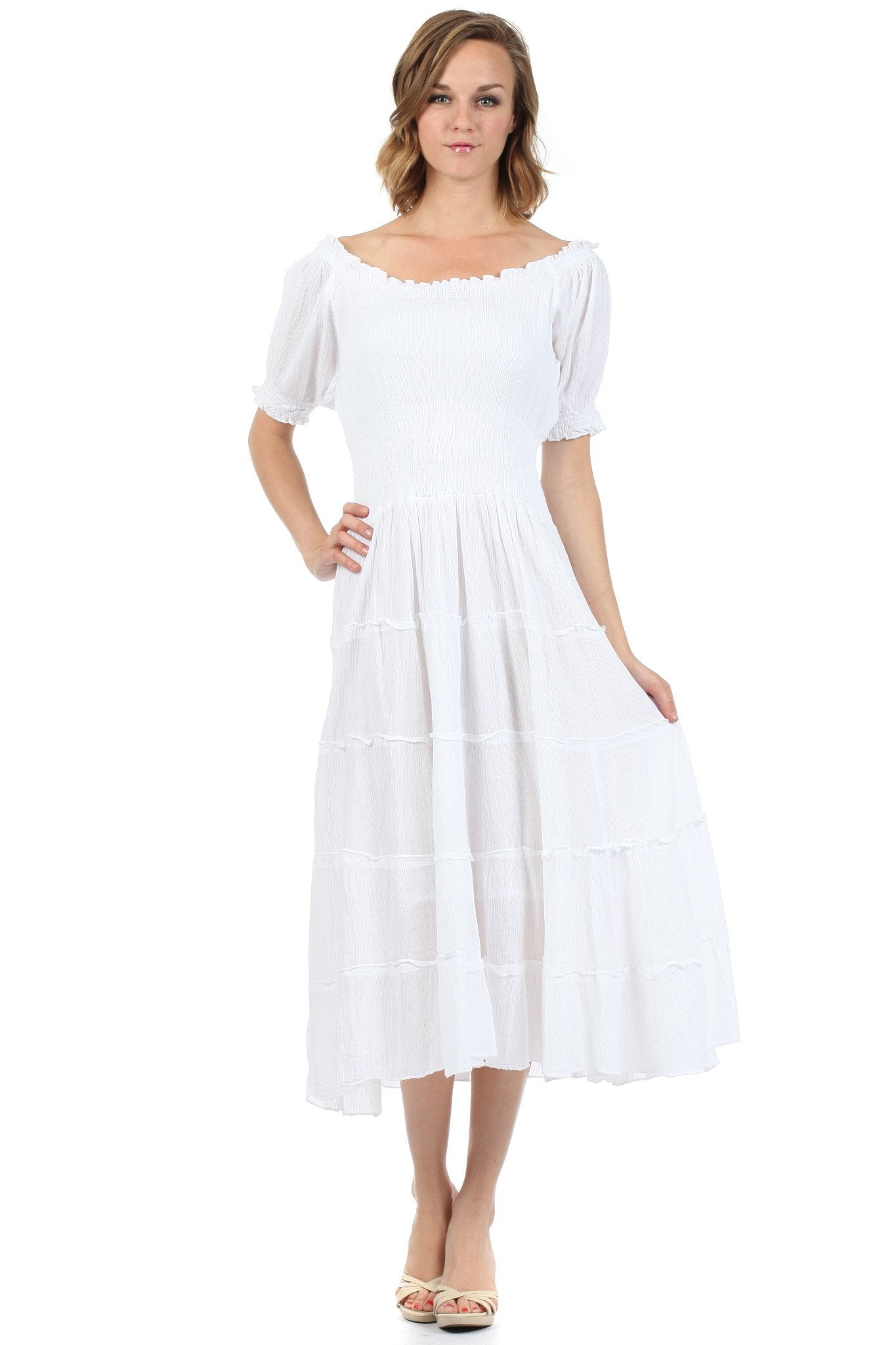Woman wearing a white dress on a white background