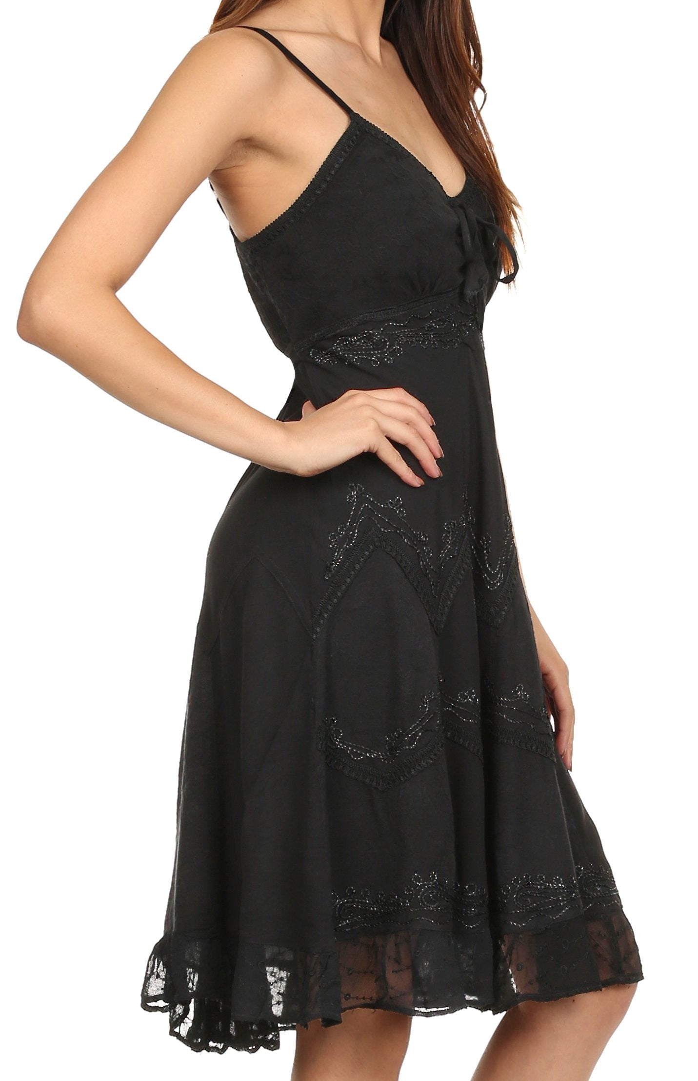 Black dress with lace details on a white background