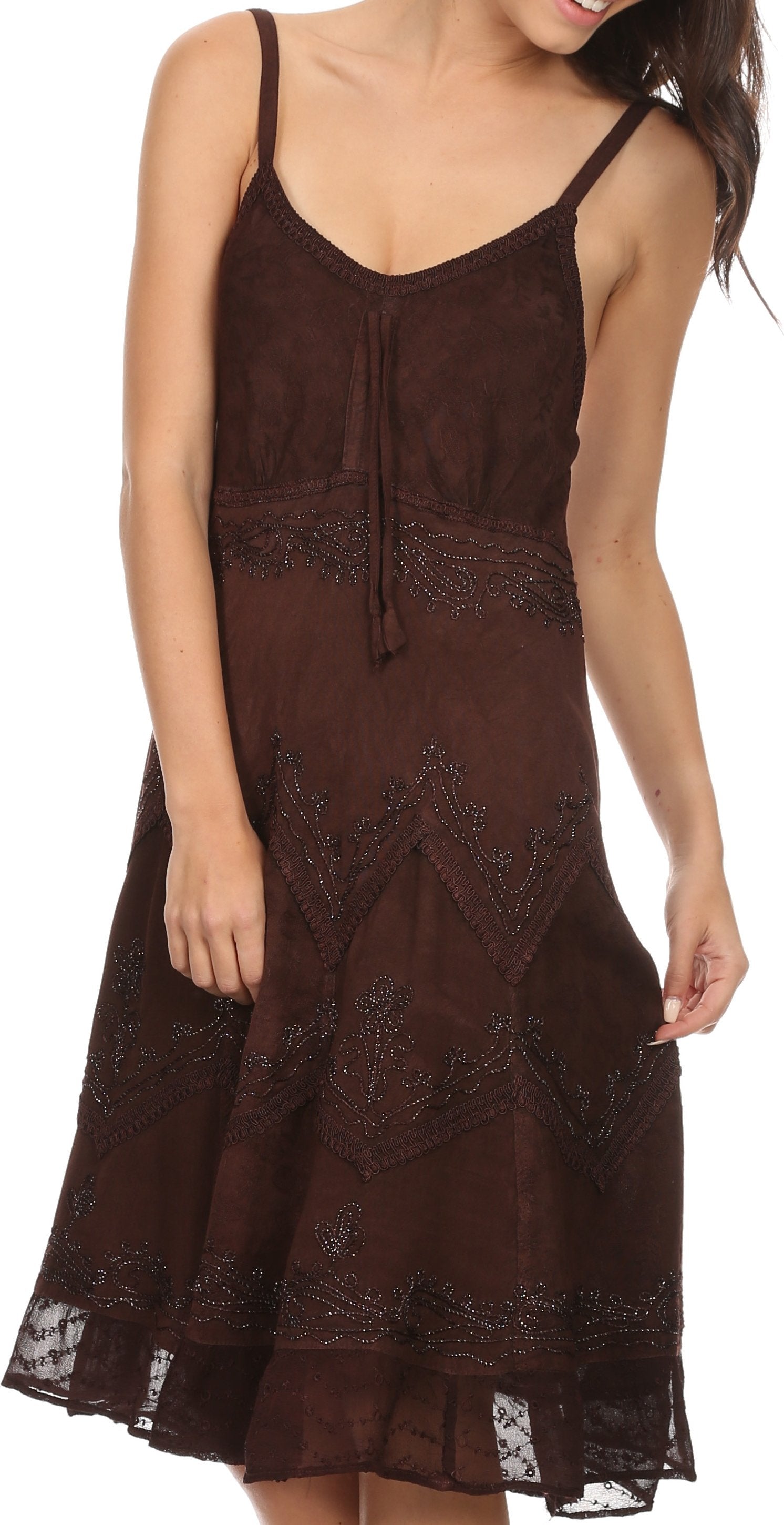 Brown dress with lace details on a white background
