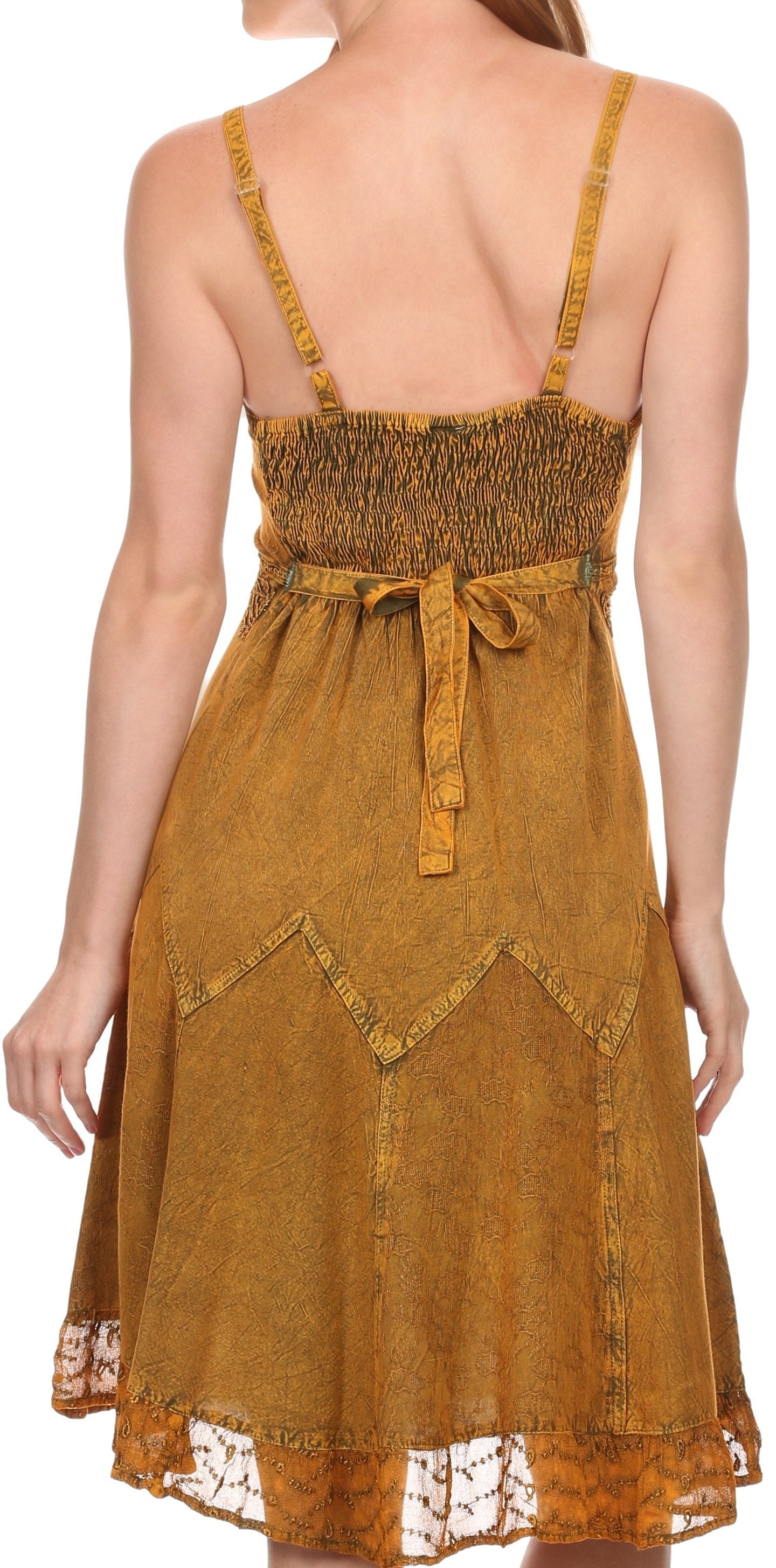 Brown dress with lace details on a white background