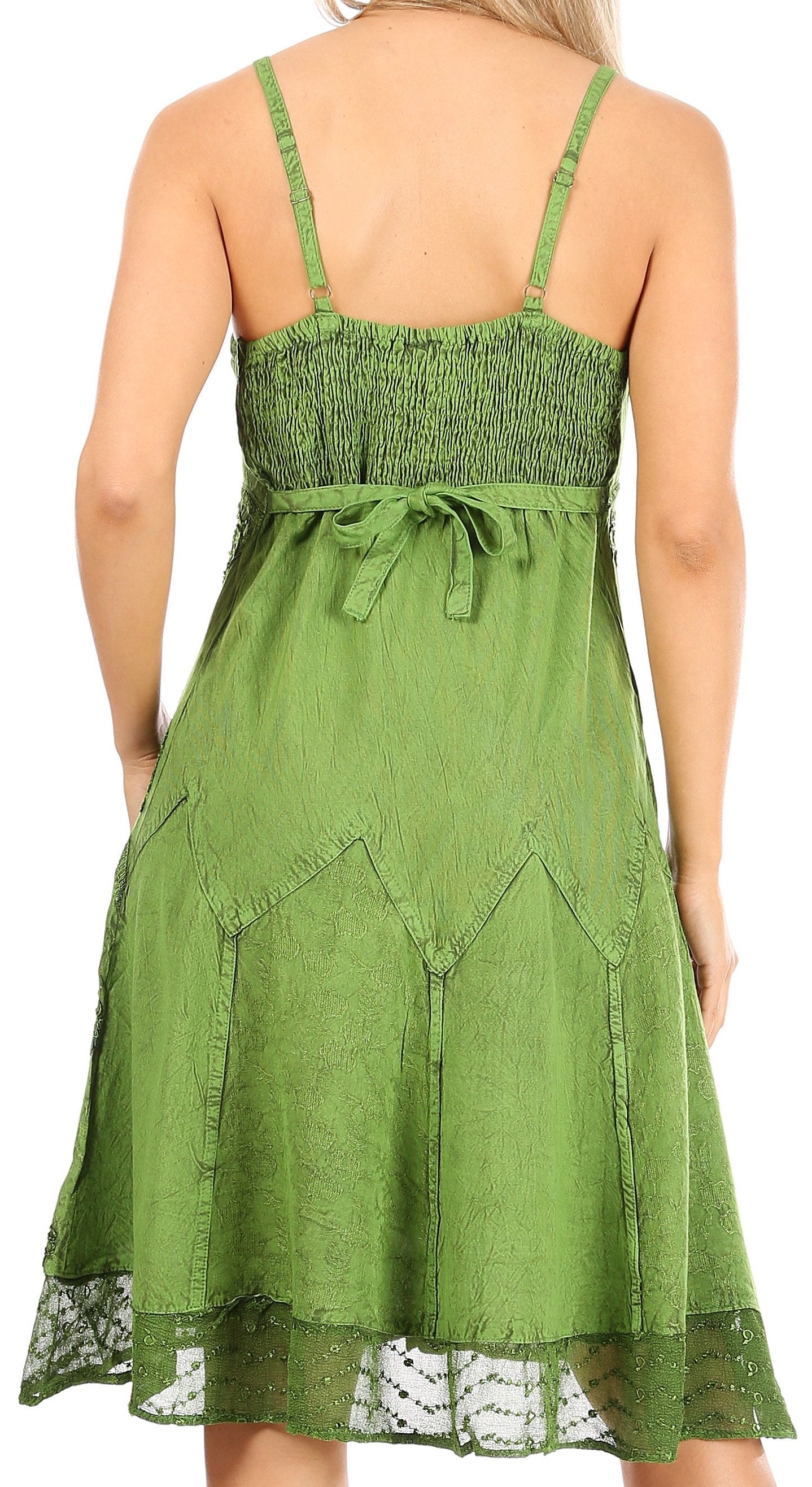 Green dress with lace trim on a white background