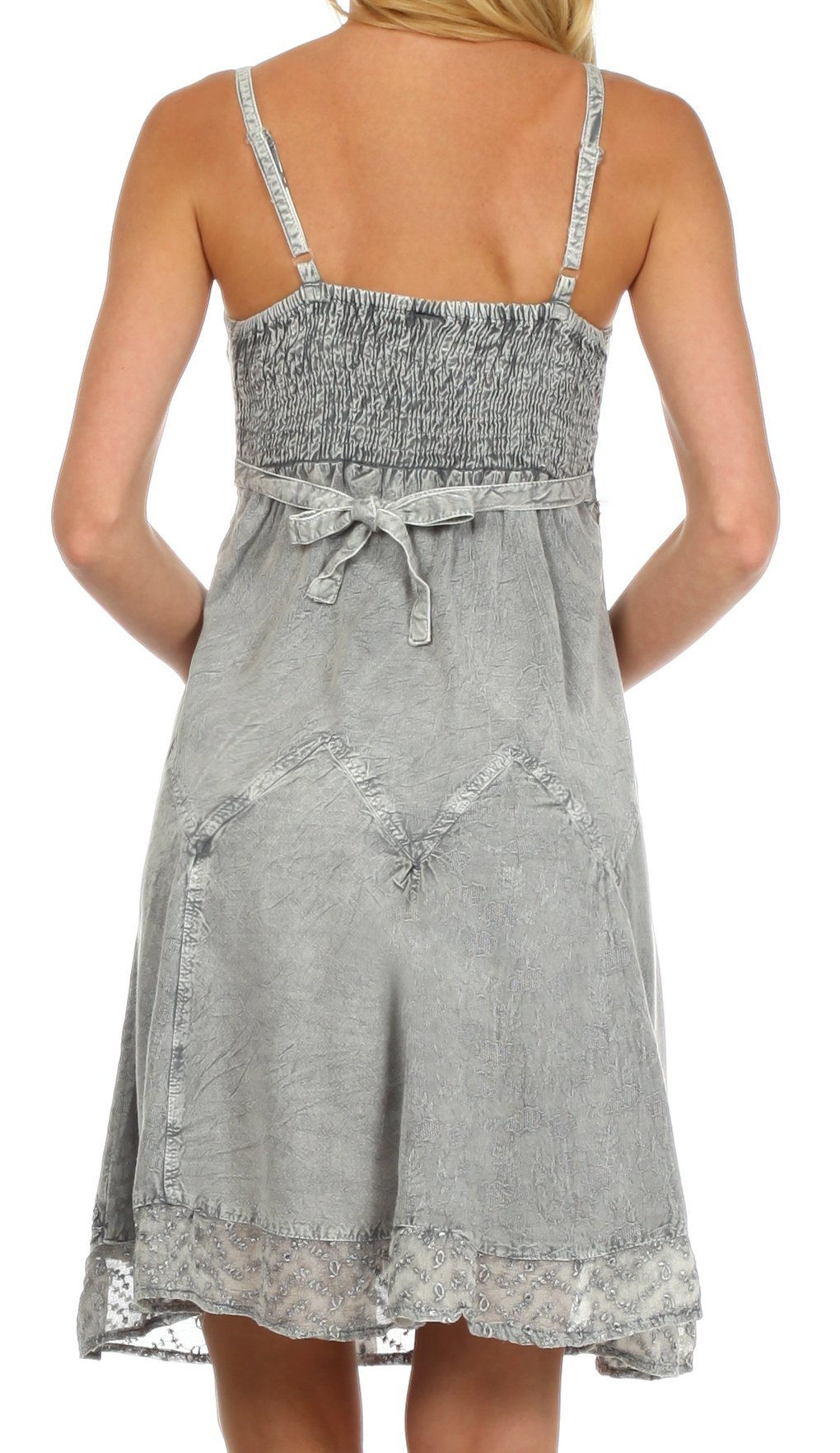 Gray denim dress with lace details on a white background