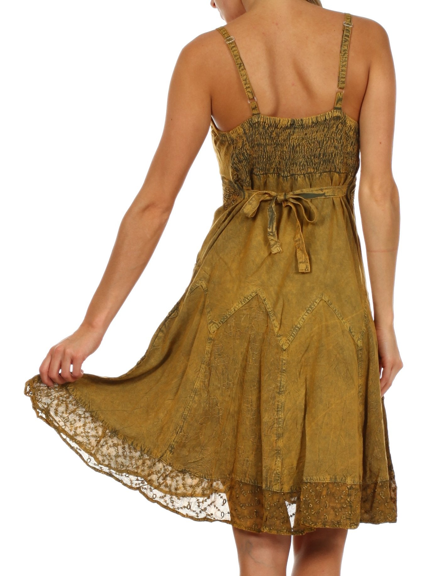 Brown dress with lace details on a white background