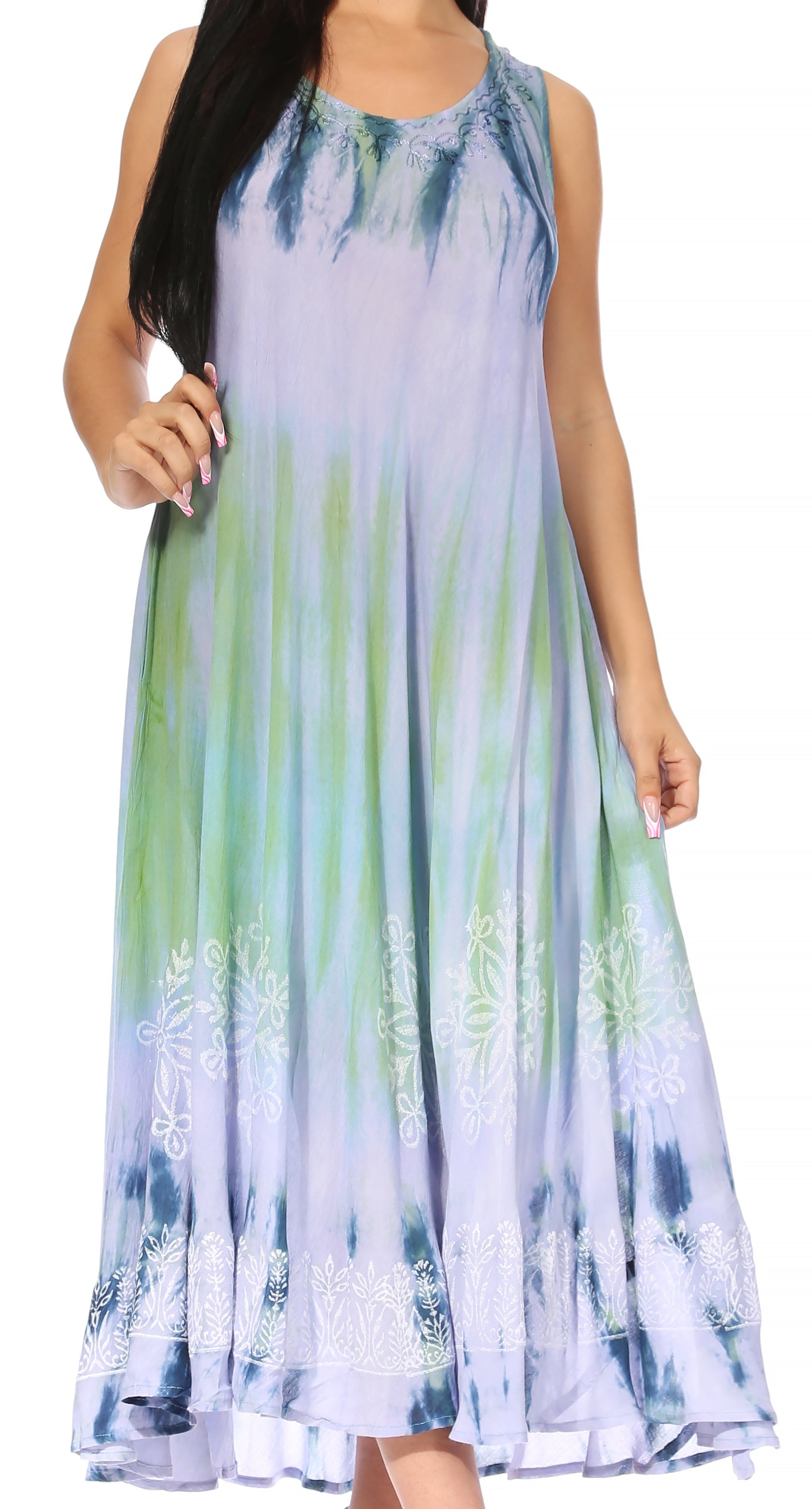Woman wearing a sleeveless dress with a gradient design on a white background