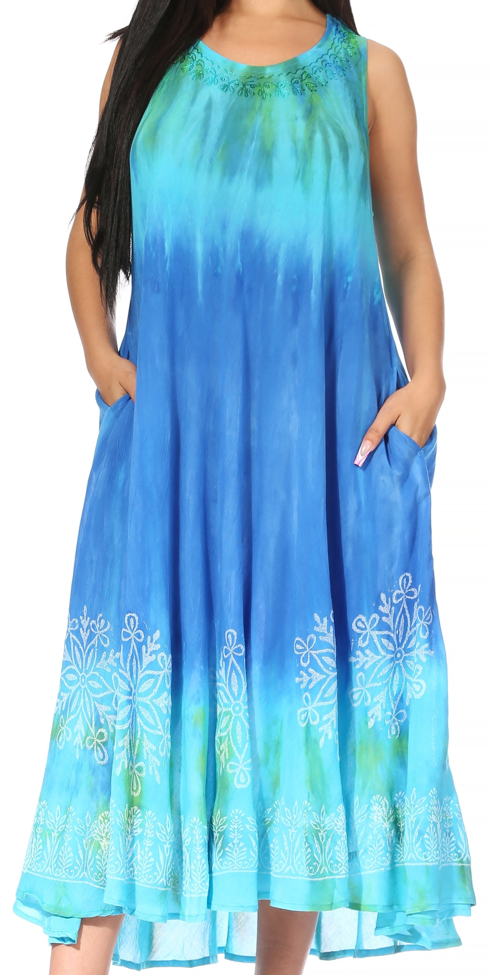 Blue and green gradient dress with floral patterns on a white background