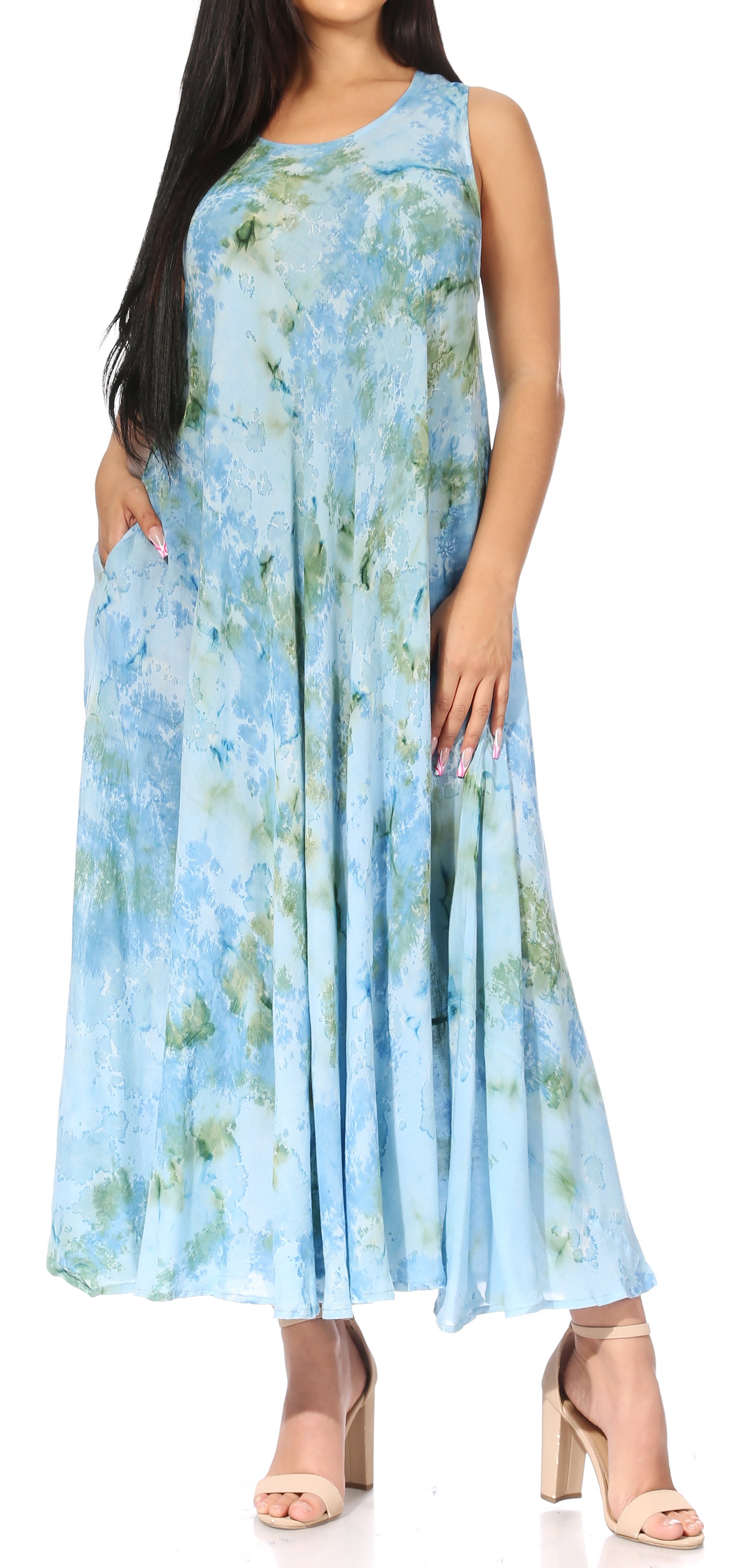 Woman wearing a blue floral dress on a white background