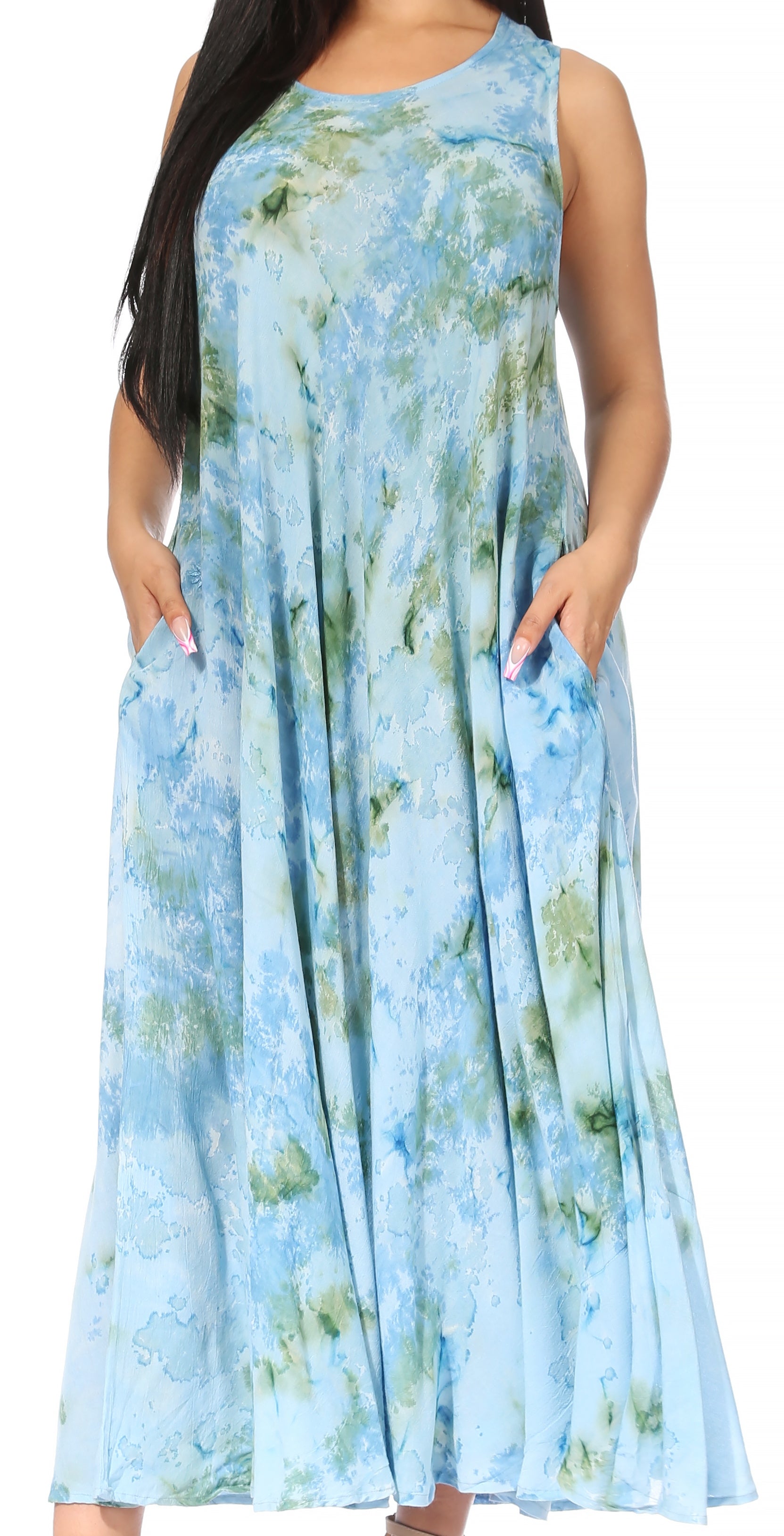 Woman wearing a blue floral dress on a white background