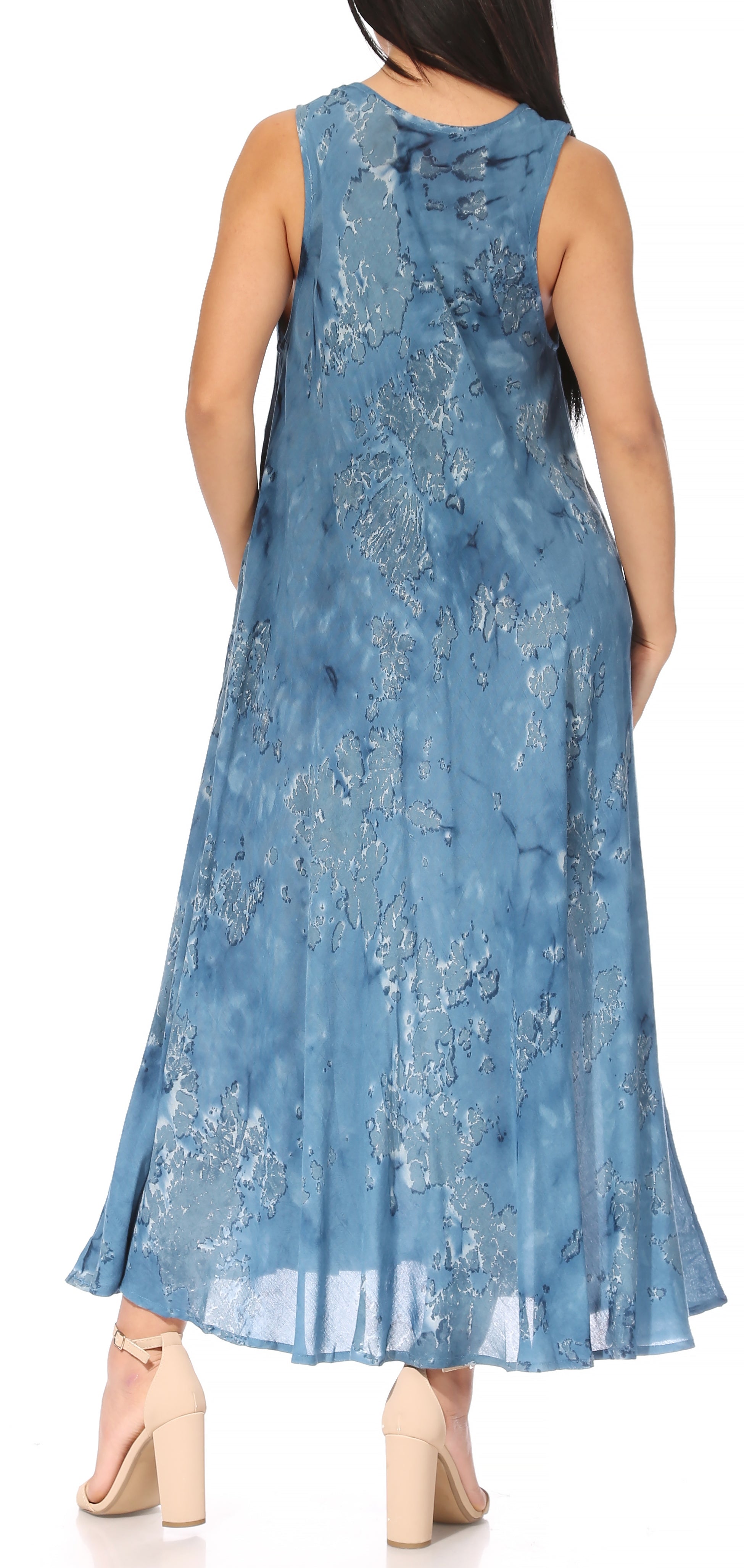 Blue lace dress worn by a model on a white background