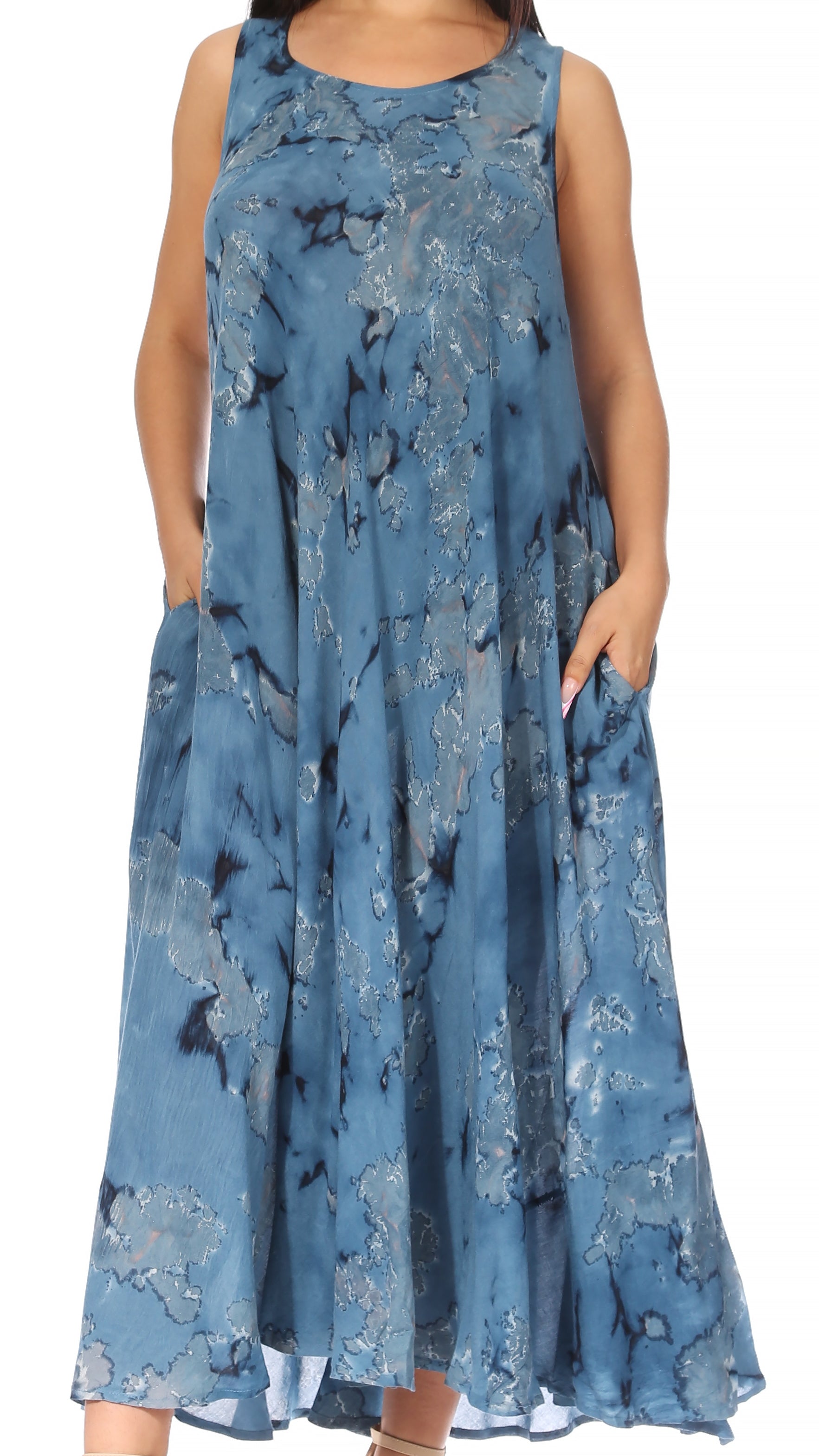 Blue floral dress worn by a person on a white background