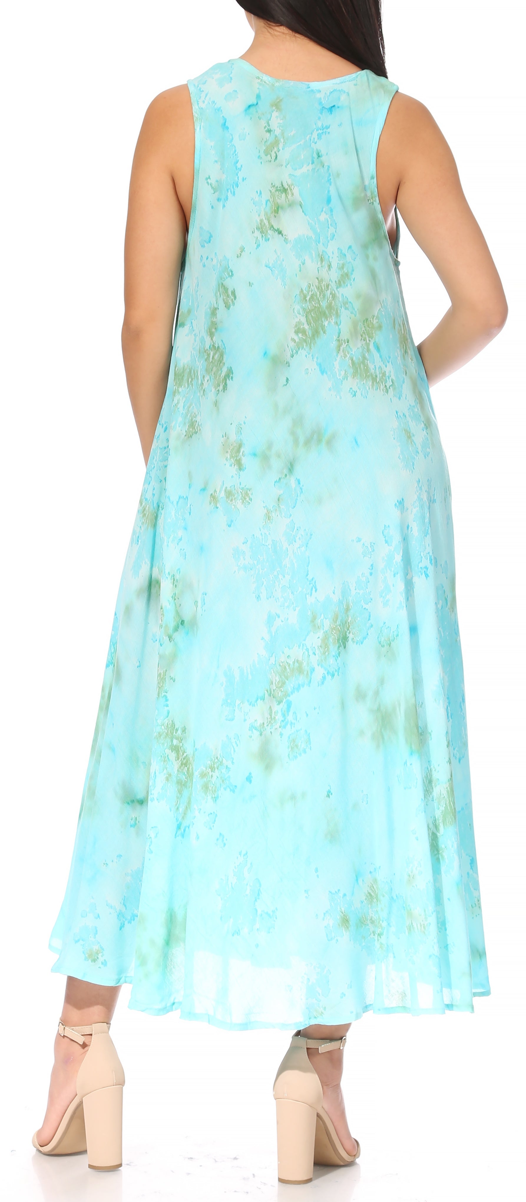 Light blue floral dress worn by a person on a white background