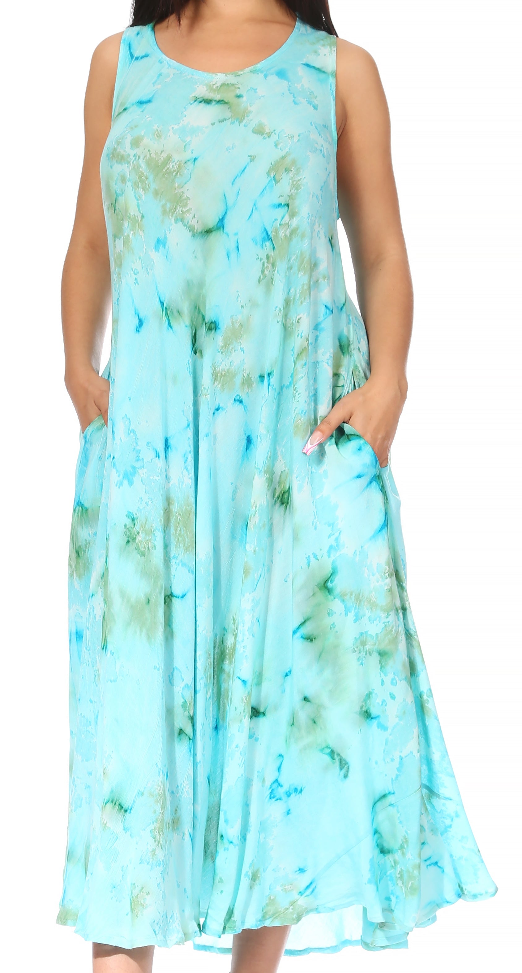 Light blue sleeveless dress with green floral pattern on a white background