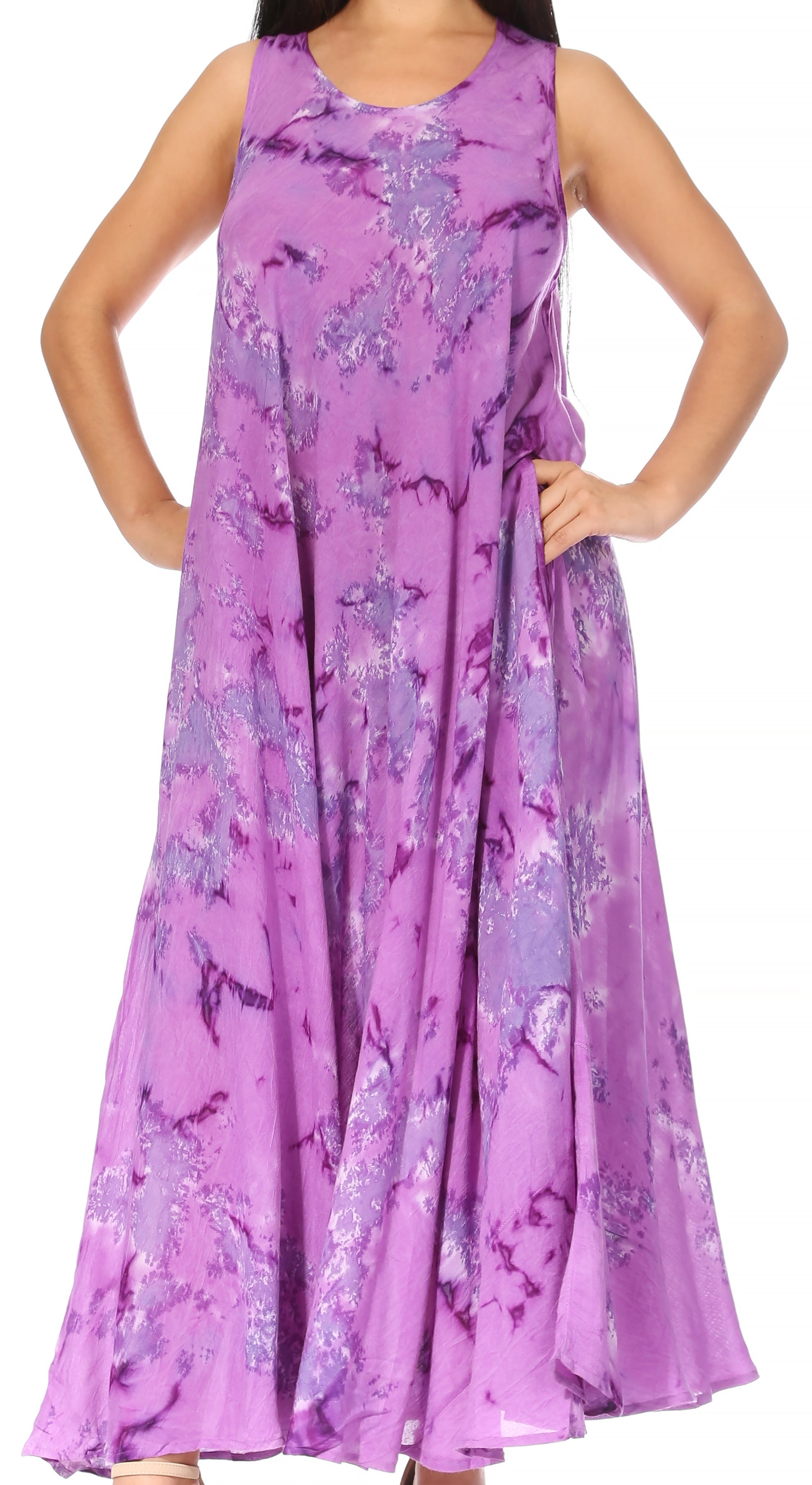 Purple floral dress worn by a model on a white background