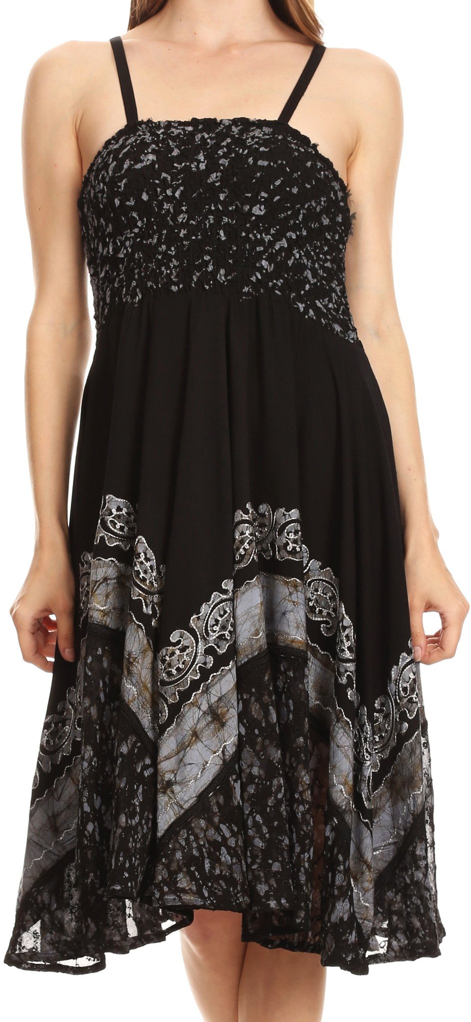 Black dress with intricate white patterns on a white background