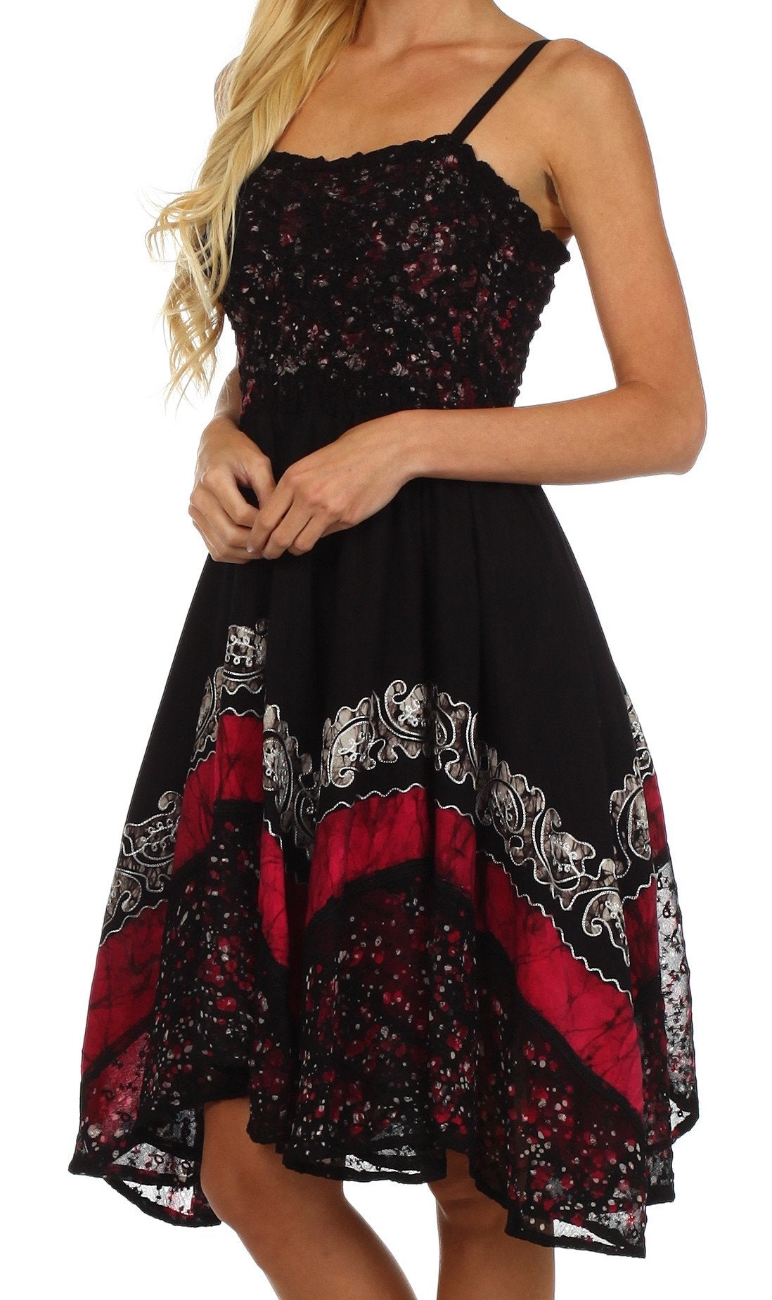 Black dress with red and white pattern on a white background