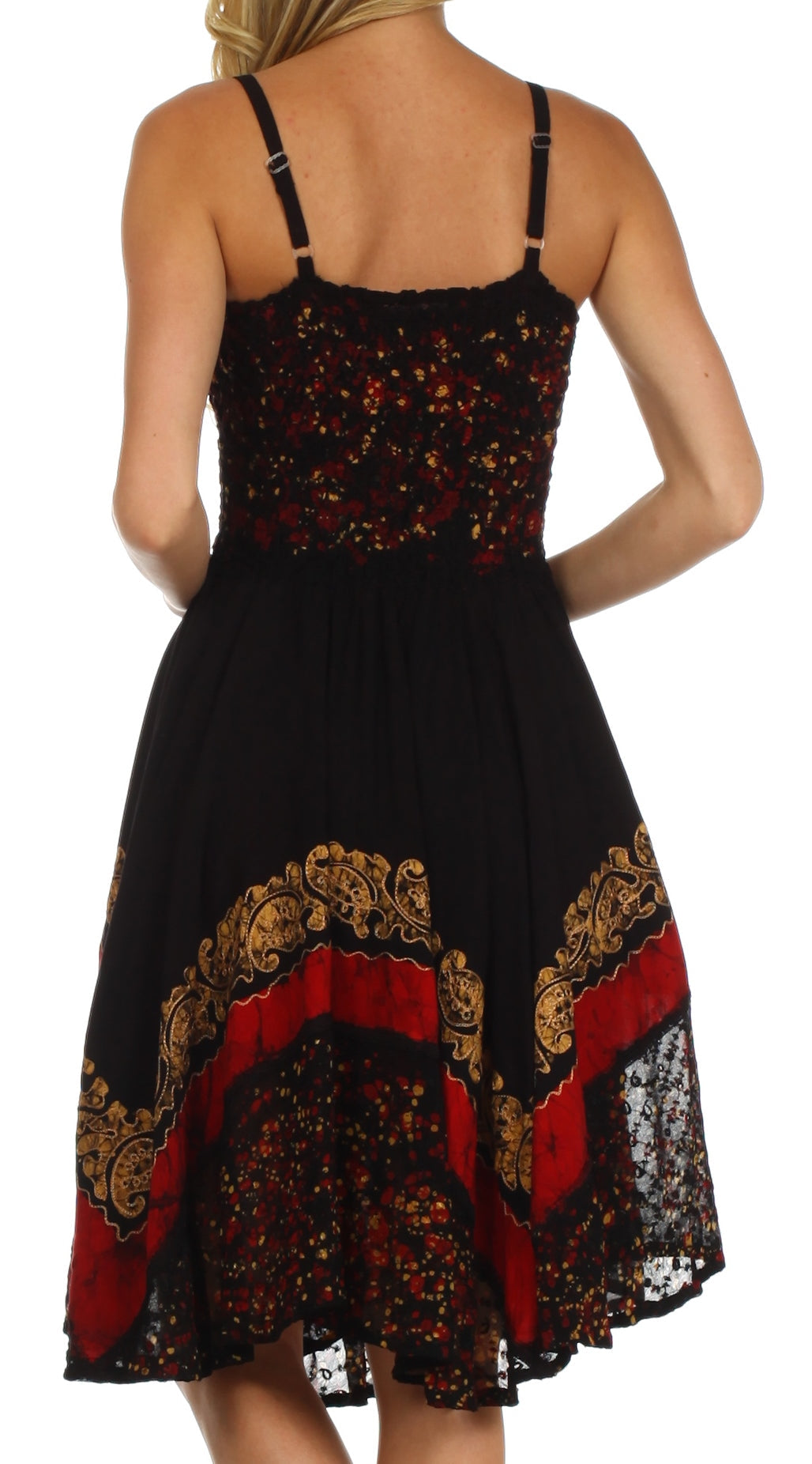 Black dress with red and gold patterns on a white background