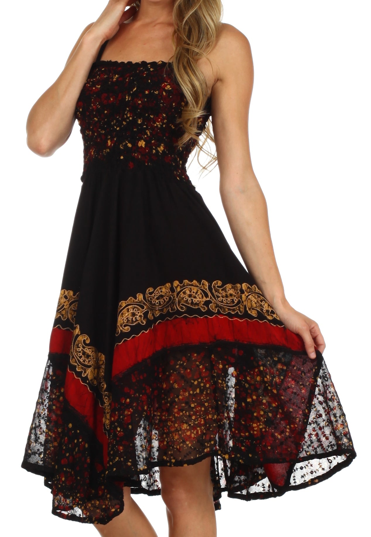 Black dress with red and gold patterns on a white background