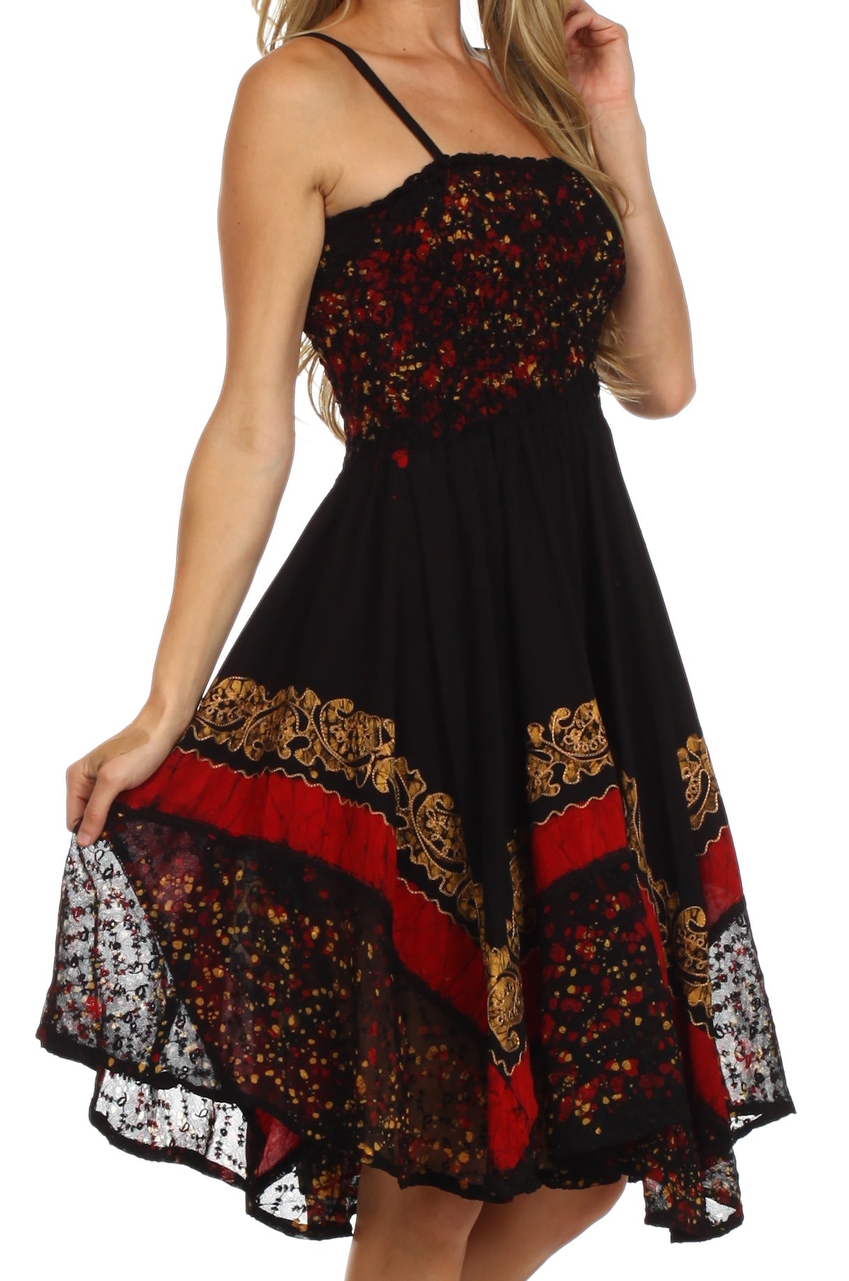 Black dress with red and gold patterns on a white background