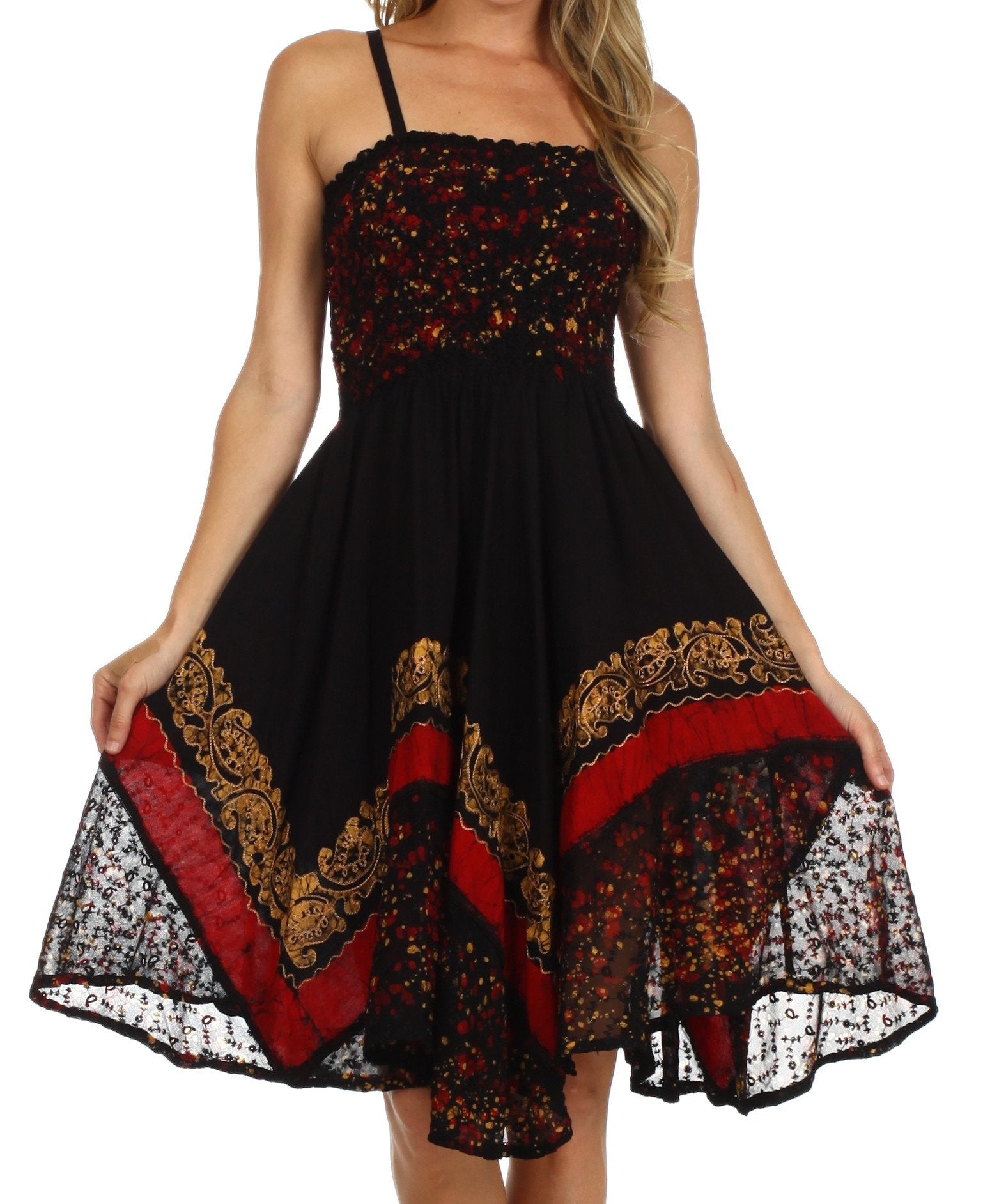 Black dress with red and gold patterns on a white background