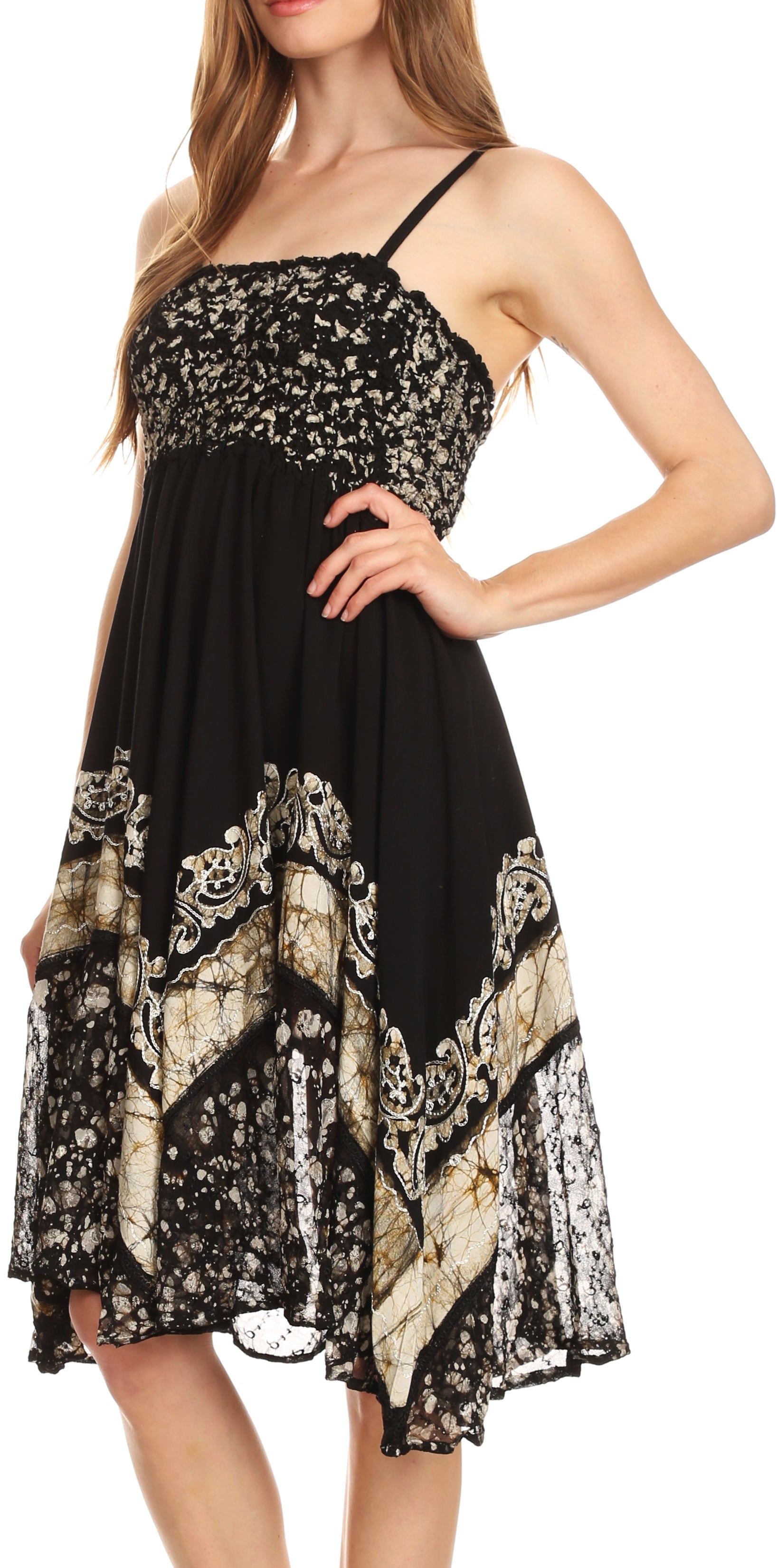 Black floral dress worn by a model on a white background
