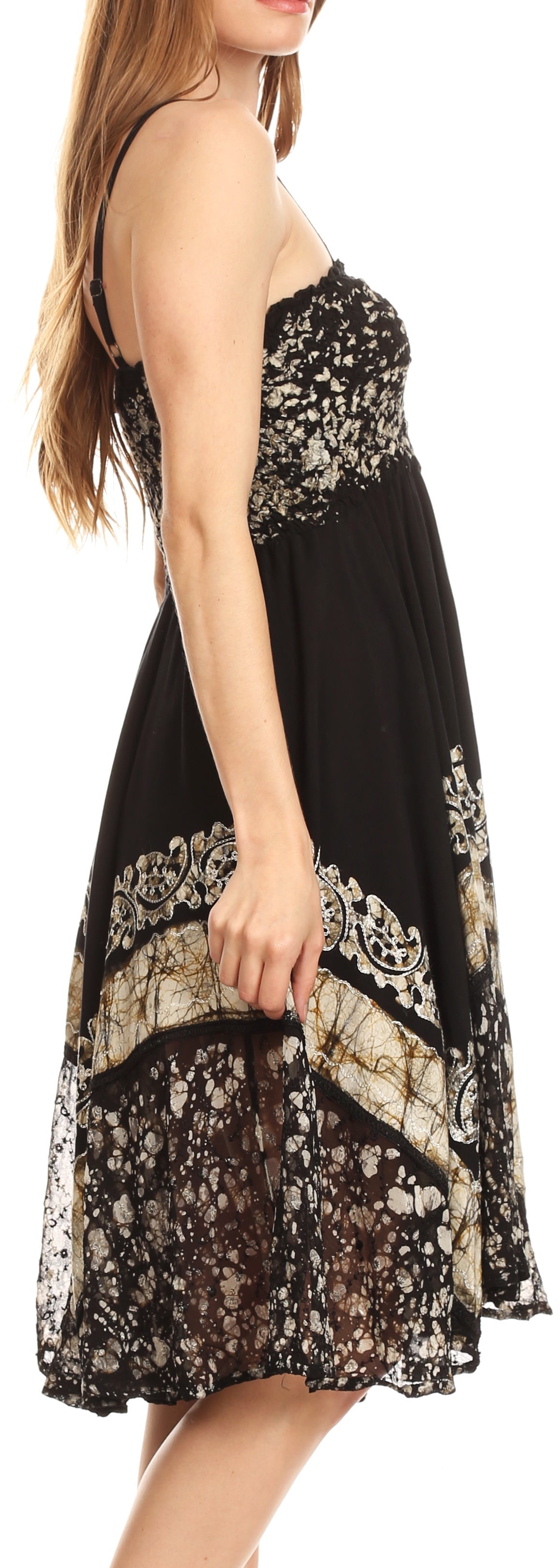 Black strapless dress with floral patterns on a white background