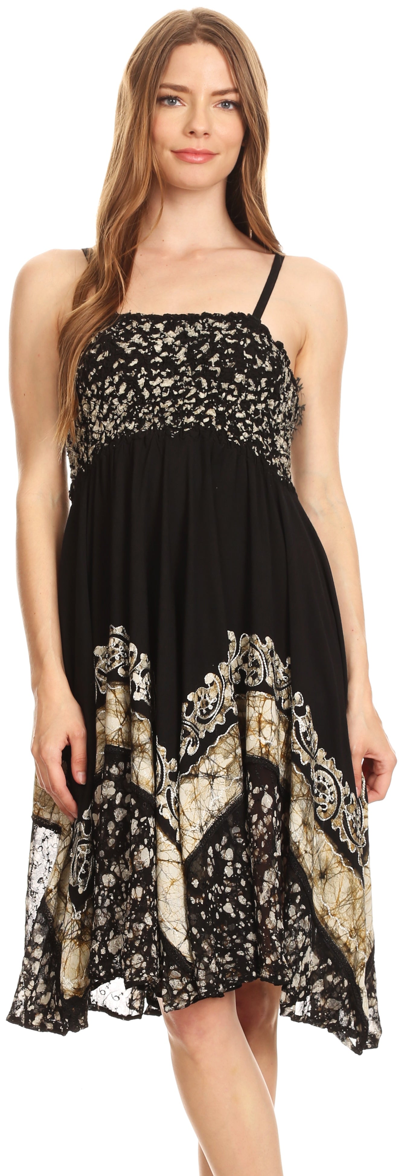 Woman wearing a black floral dress on a white background