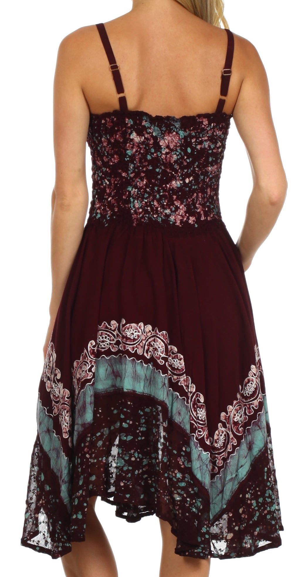 Back view of a floral dress with a colorful pattern on a white background