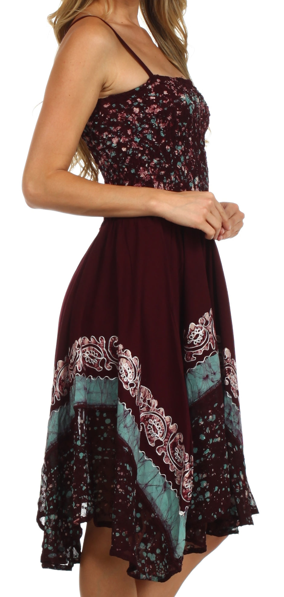 Floral patterned dress with maroon and turquoise design on a white background